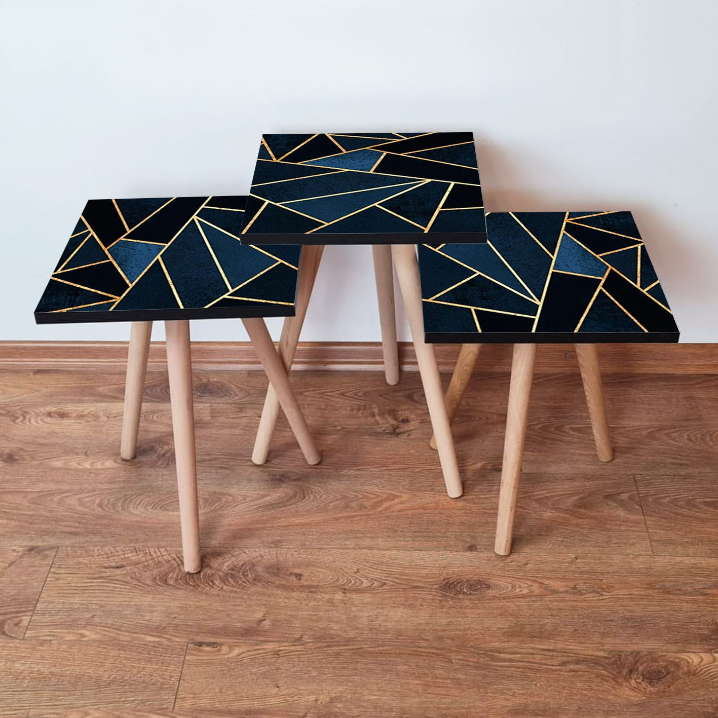 Set masute cuib, Hanah Home, mdf, albastru marin negru auriu, 35x35x52 cm