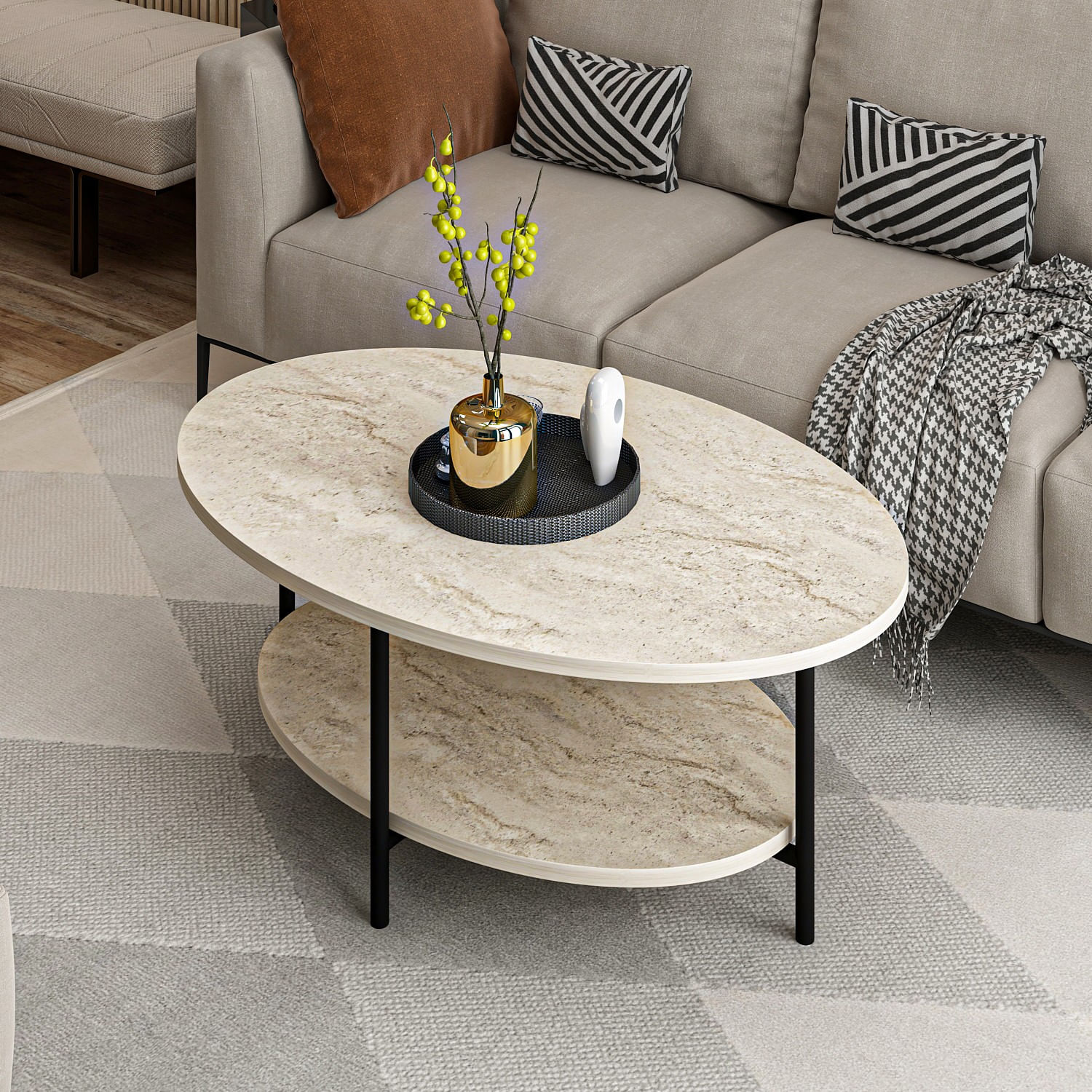 Masa de cafea, Hanah Home, panou din particule melaminat, travertin, 90x60x36 cm — imaginea 6