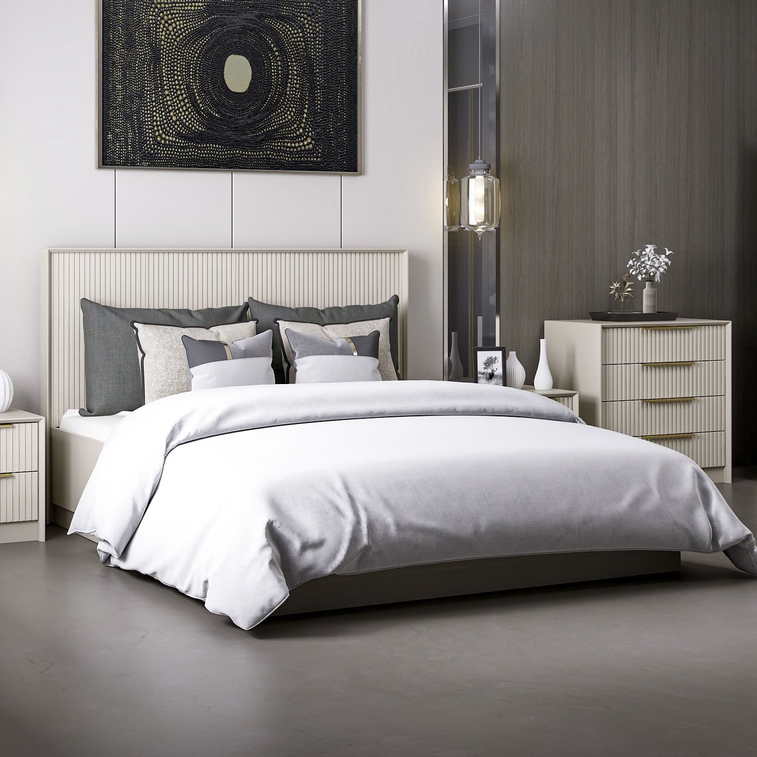 Somiera pat dublu cu tablie, Hanah Home, panou aglomerat melaminat, stone, 160x200 cm — imaginea 6