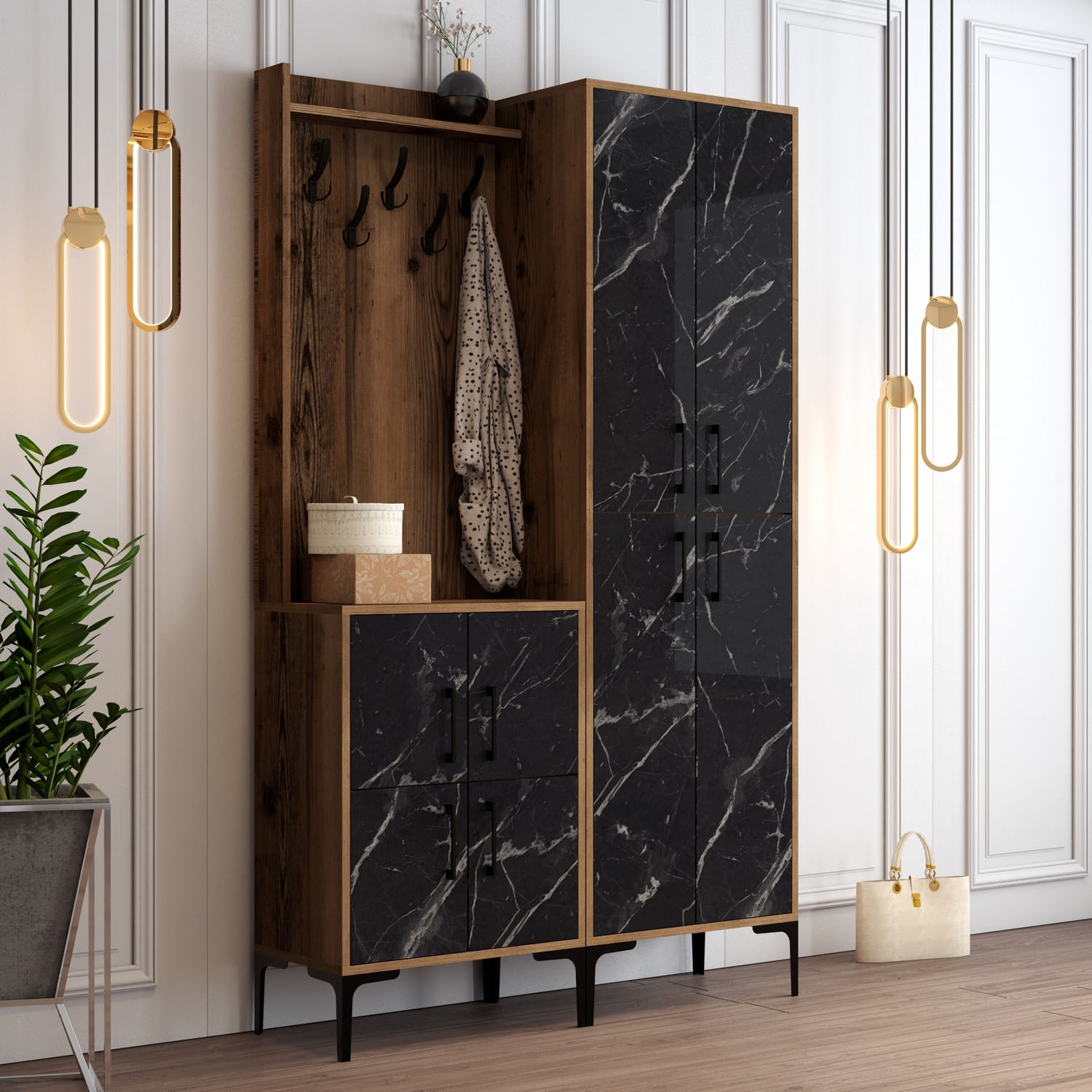 Cuier hol, Hanah Home, pal melaminat, nuc si negru, 120x35x200 cm