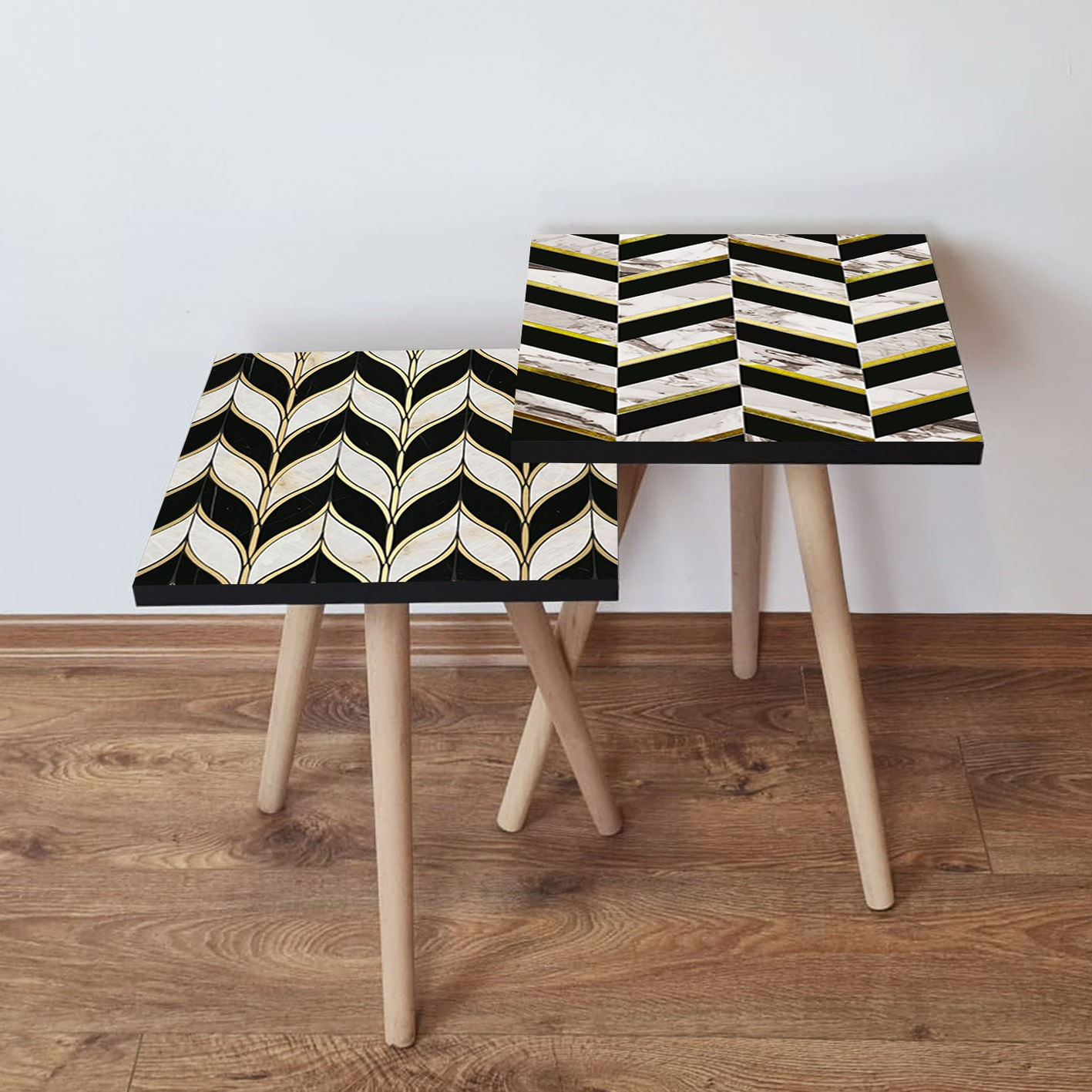 Set masute cuib, Hanah Home, mdf, negru auriu alb, 35x35x47 cm, 481LNA2213