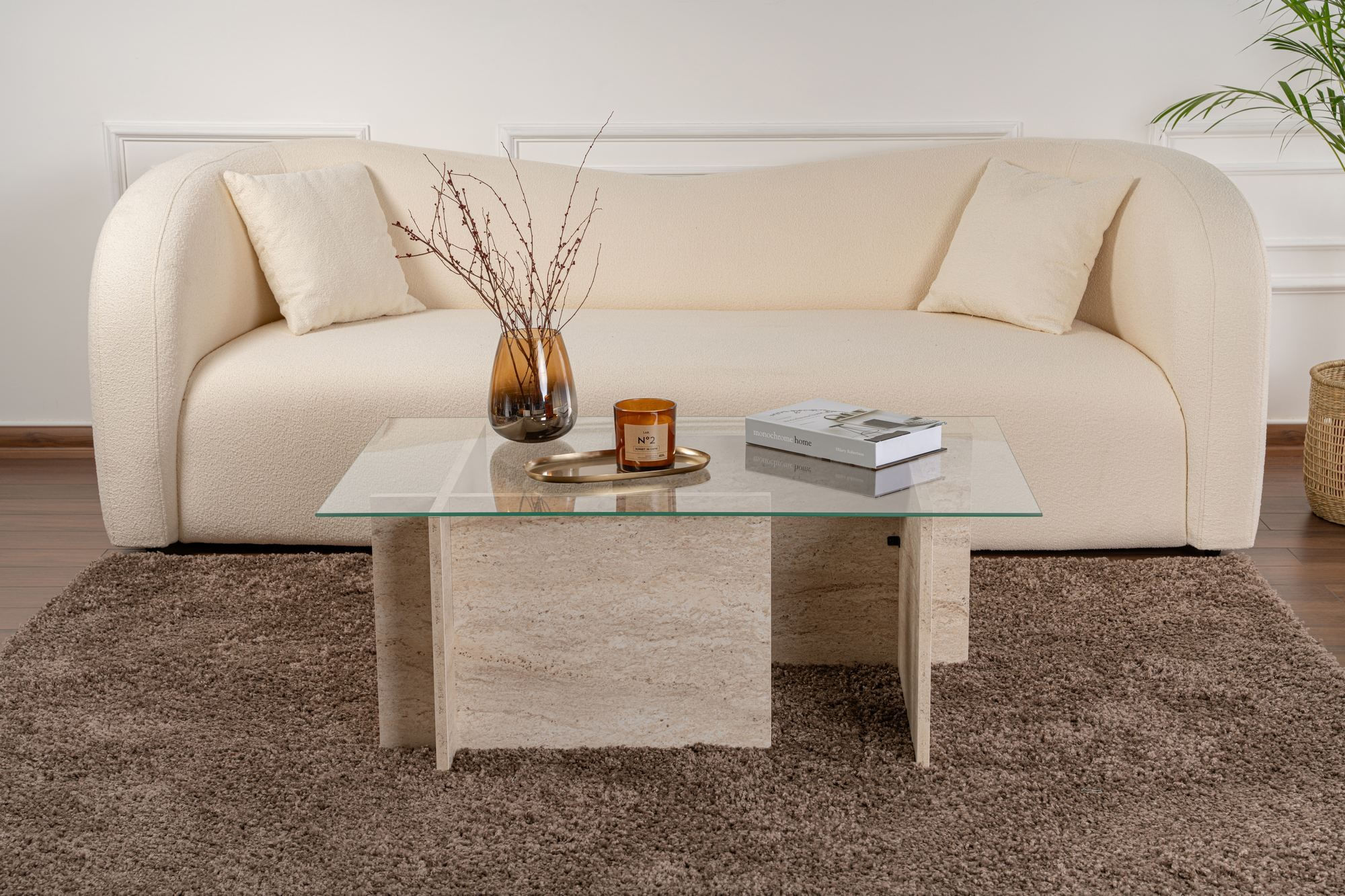 Masuta de cafea, Hanah Home, sticla calita si PAL melaminat, travertin, 105x65x40 cm — imaginea 2