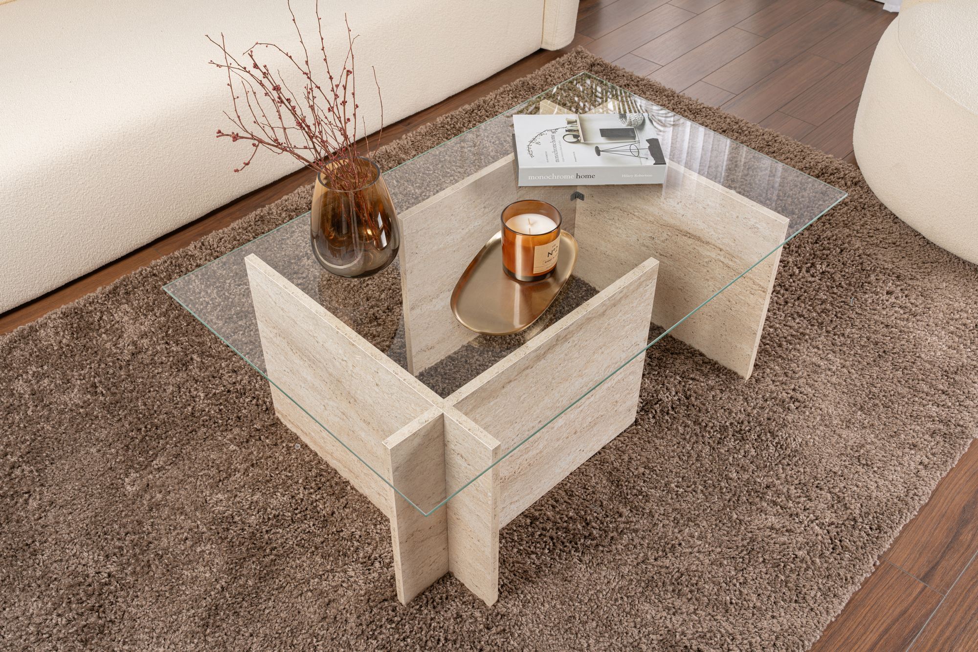 Masuta de cafea, Hanah Home, sticla calita si PAL melaminat, travertin, 105x65x40 cm — imaginea 4