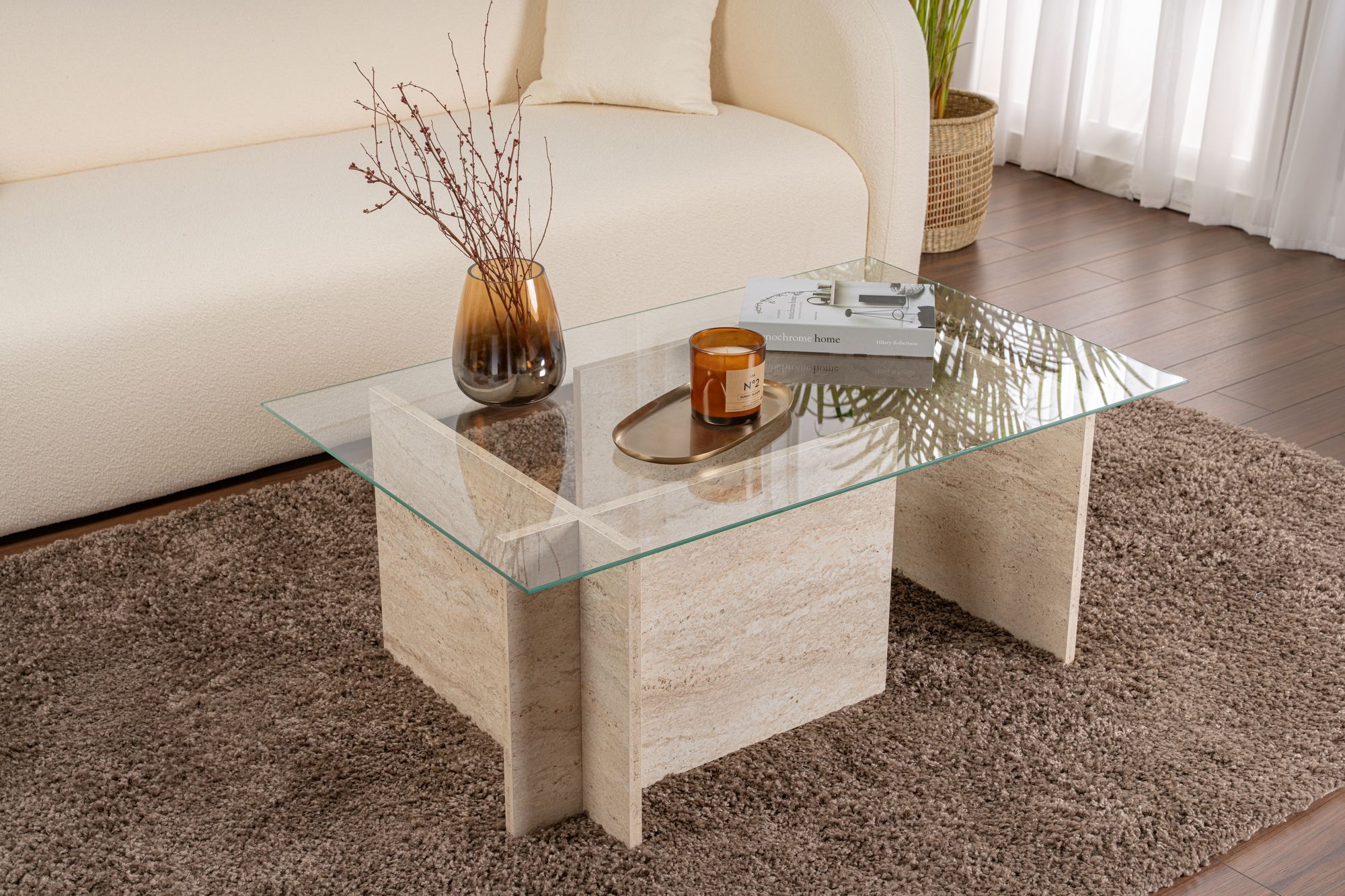 Masuta de cafea, Hanah Home, sticla calita si PAL melaminat, travertin, 105x65x40 cm — imaginea 6