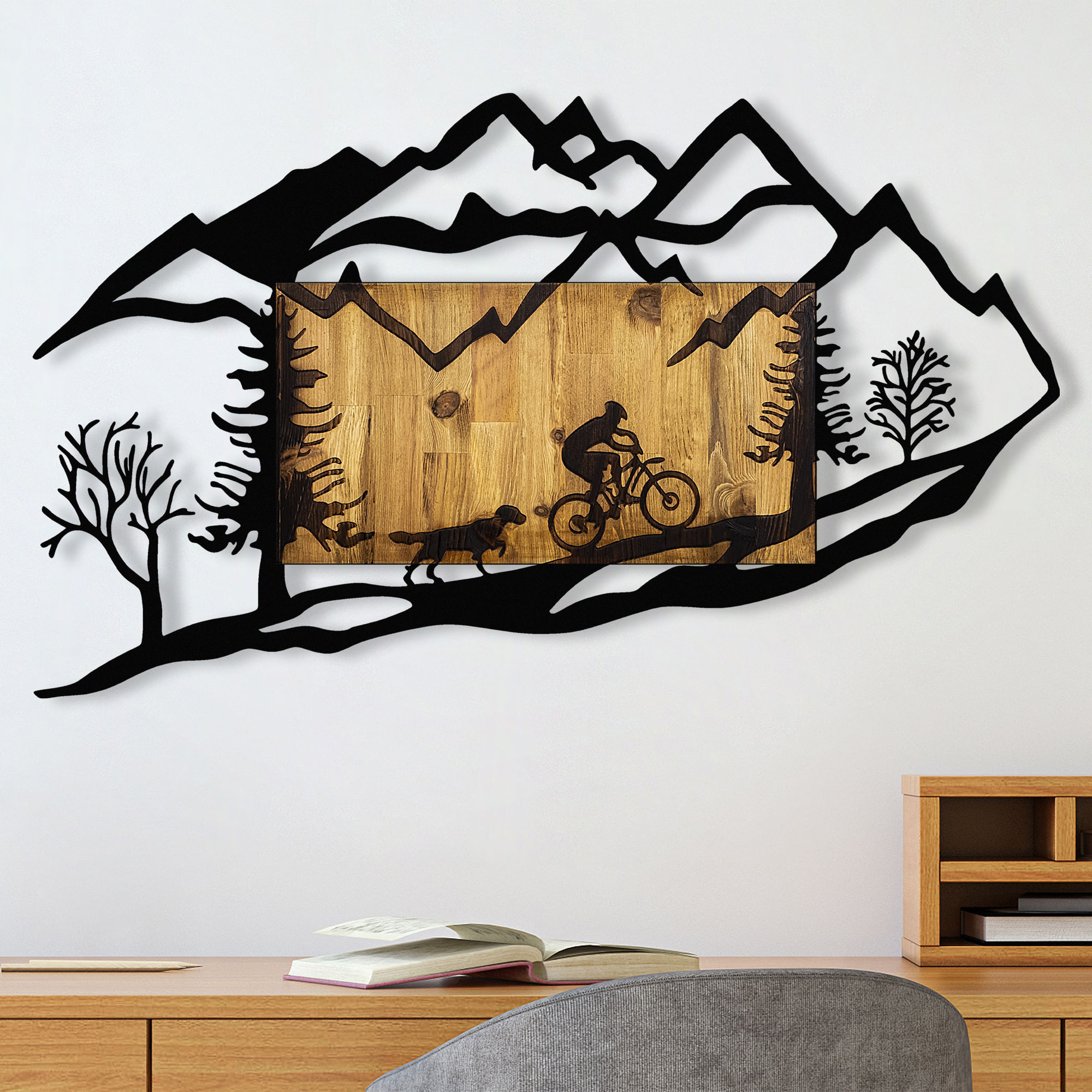 Decoratiune de perete, Wallxpert, lemn si metal, nuc si negru, 110x3x65 cm