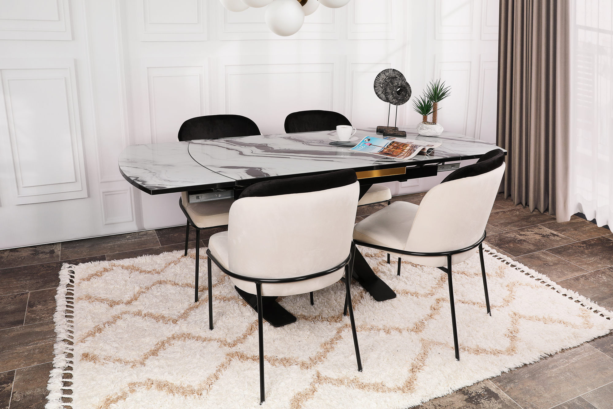 Set scaune, Hanah Home, metal, catifea, negru crem, 54x55x86 cm, 4 piese — imaginea 3
