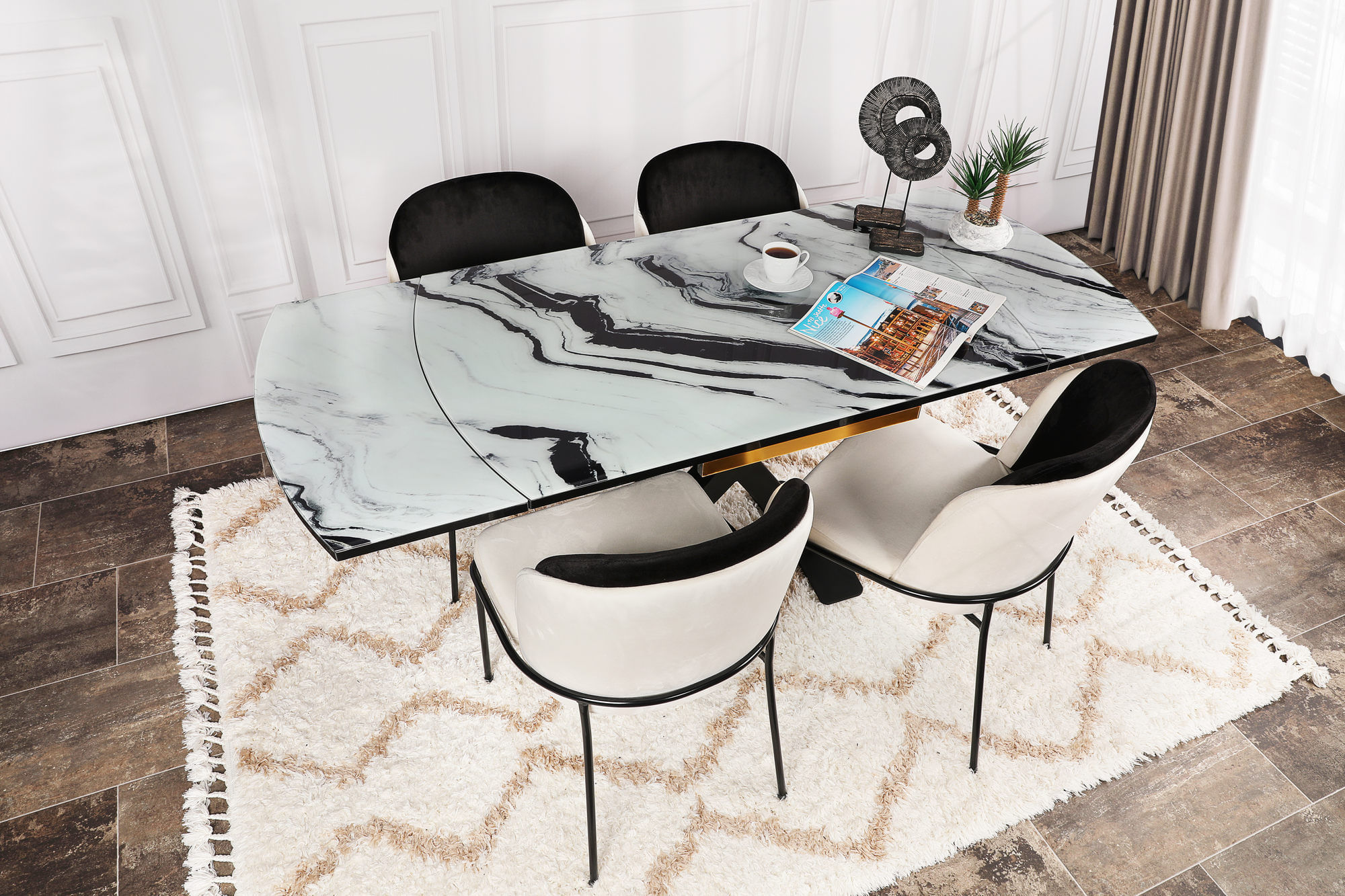 Set scaune, Hanah Home, metal, catifea, negru crem, 54x55x86 cm, 4 piese — imaginea 7