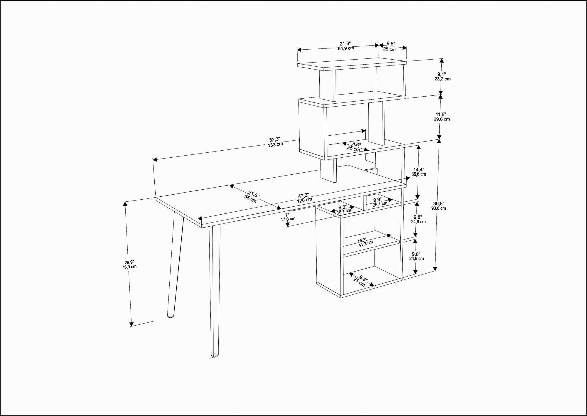 Birou de studiu, Hanah Home, pal melaminat, nuc, 133x55x146.4 cm