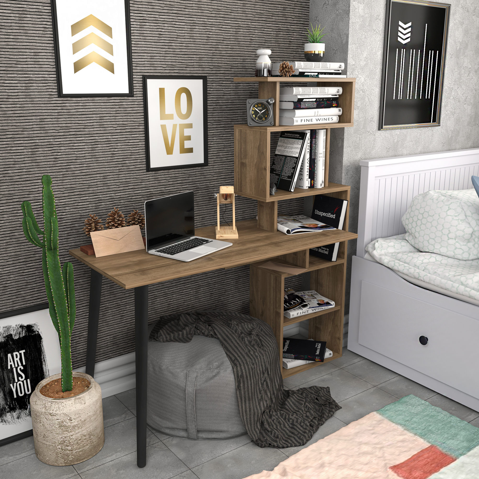 Birou de studiu, Hanah Home, pal melaminat, nuc, 133x55x146.4 cm — imaginea 2