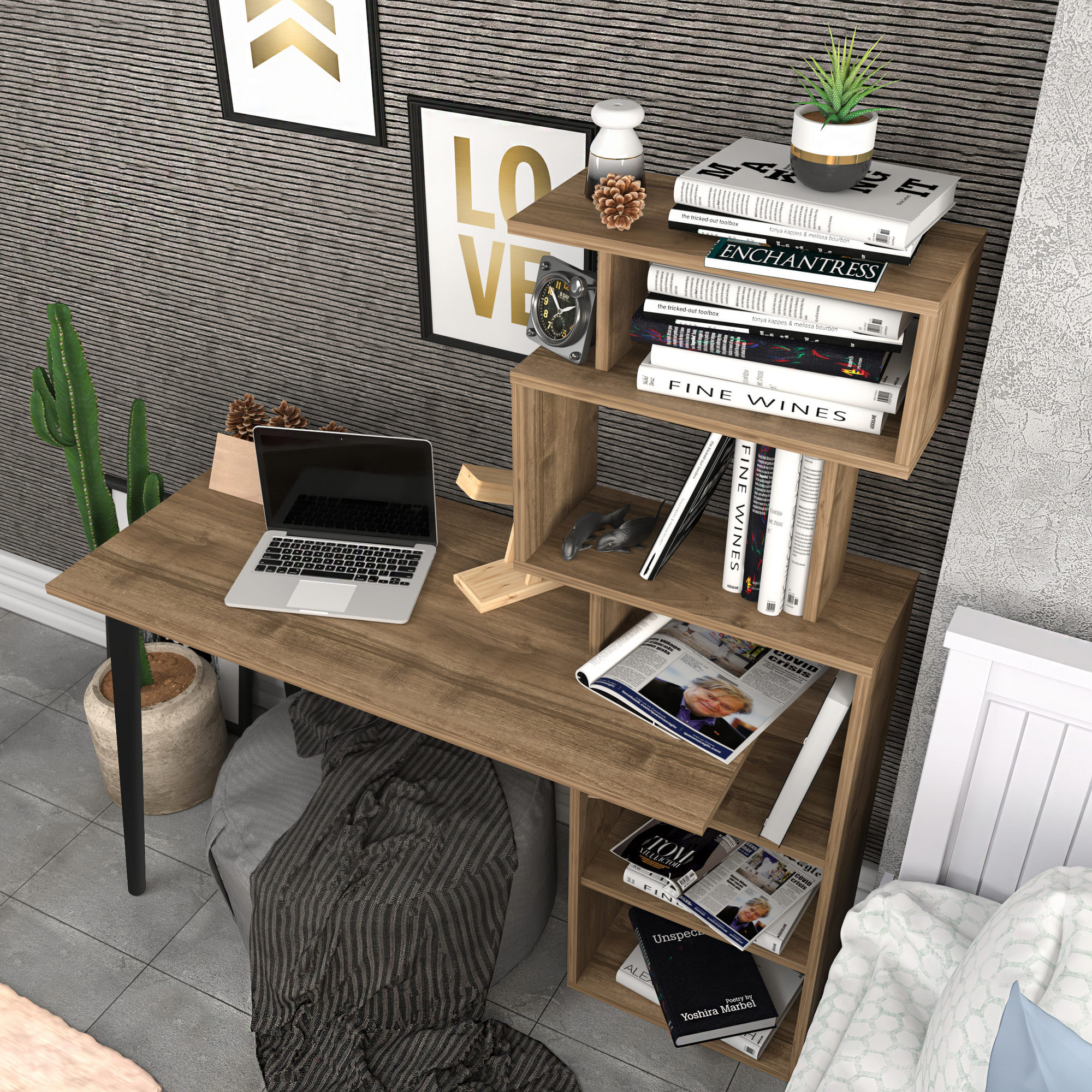 Birou de studiu, Hanah Home, pal melaminat, nuc, 133x55x146.4 cm — imaginea 3