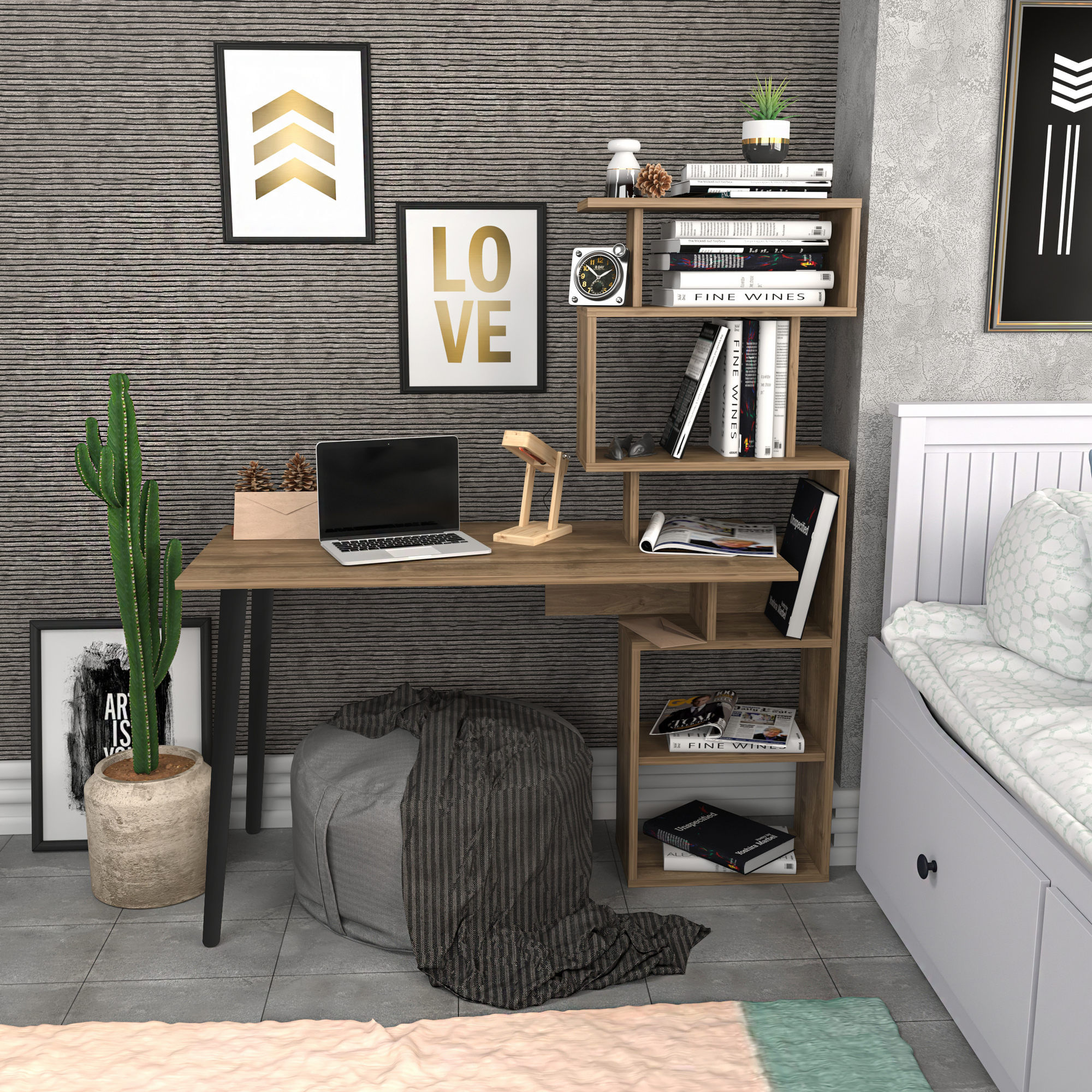 Birou de studiu, Hanah Home, pal melaminat, nuc, 133x55x146.4 cm — imaginea 4
