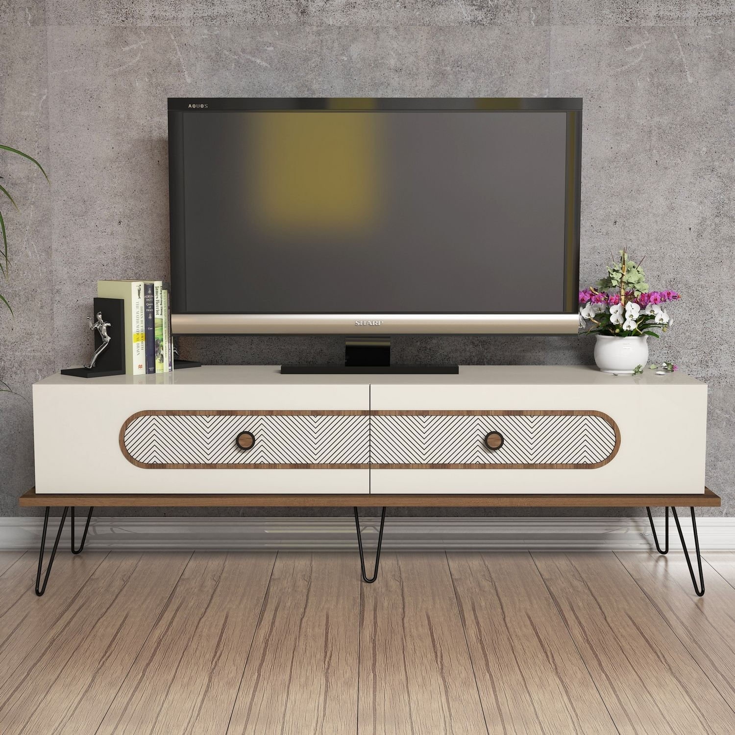 Comoda tv, Hanah Home, pal melaminat, crem, 145x40x45 cm — imaginea 2
