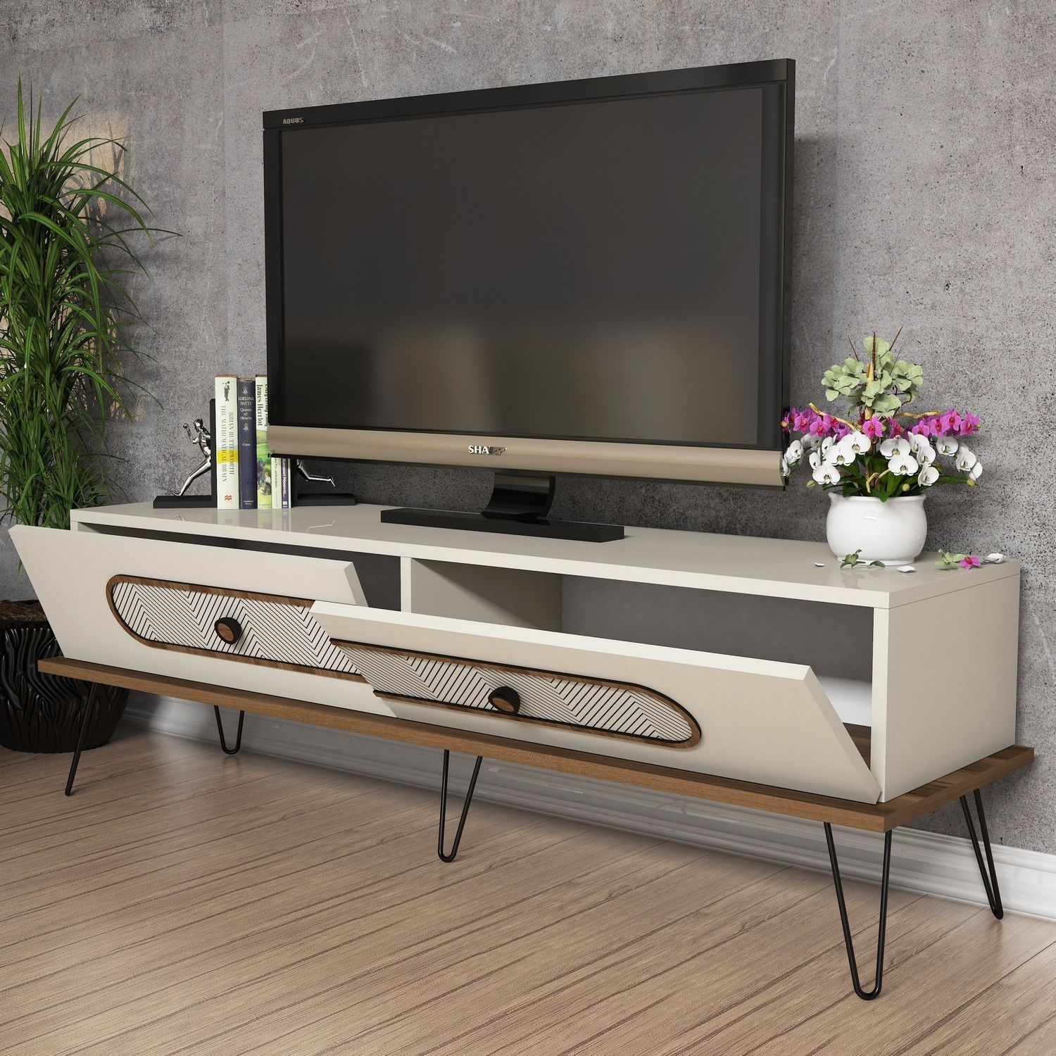 Comoda tv, Hanah Home, pal melaminat, crem, 145x40x45 cm — imaginea 3
