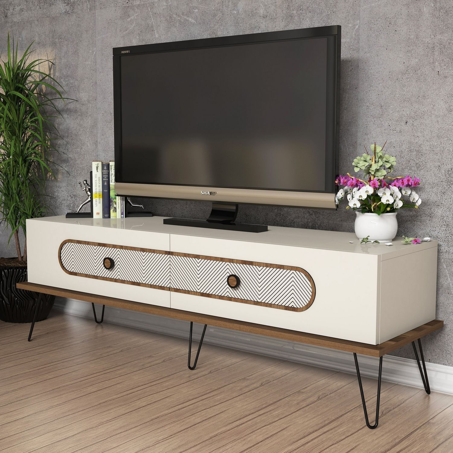 Comoda tv, Hanah Home, pal melaminat, crem, 145x40x45 cm — imaginea 5