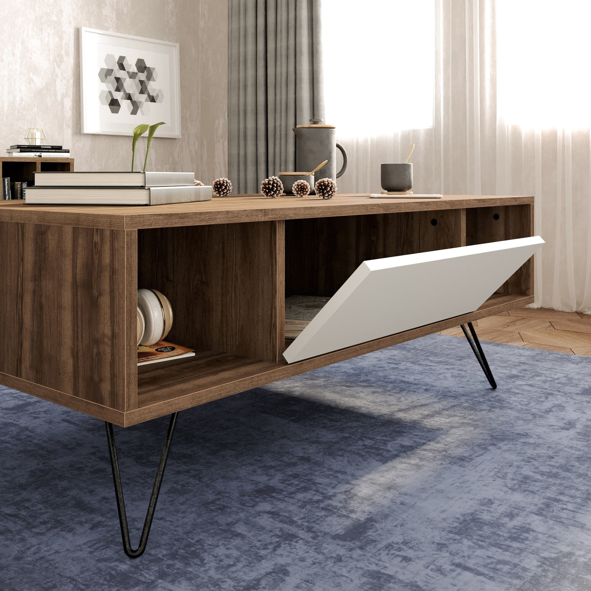 Masuta de cafea, Hanah Home, pal melaminat, nuc si alb, 120x60x45.6 cm — imaginea 3