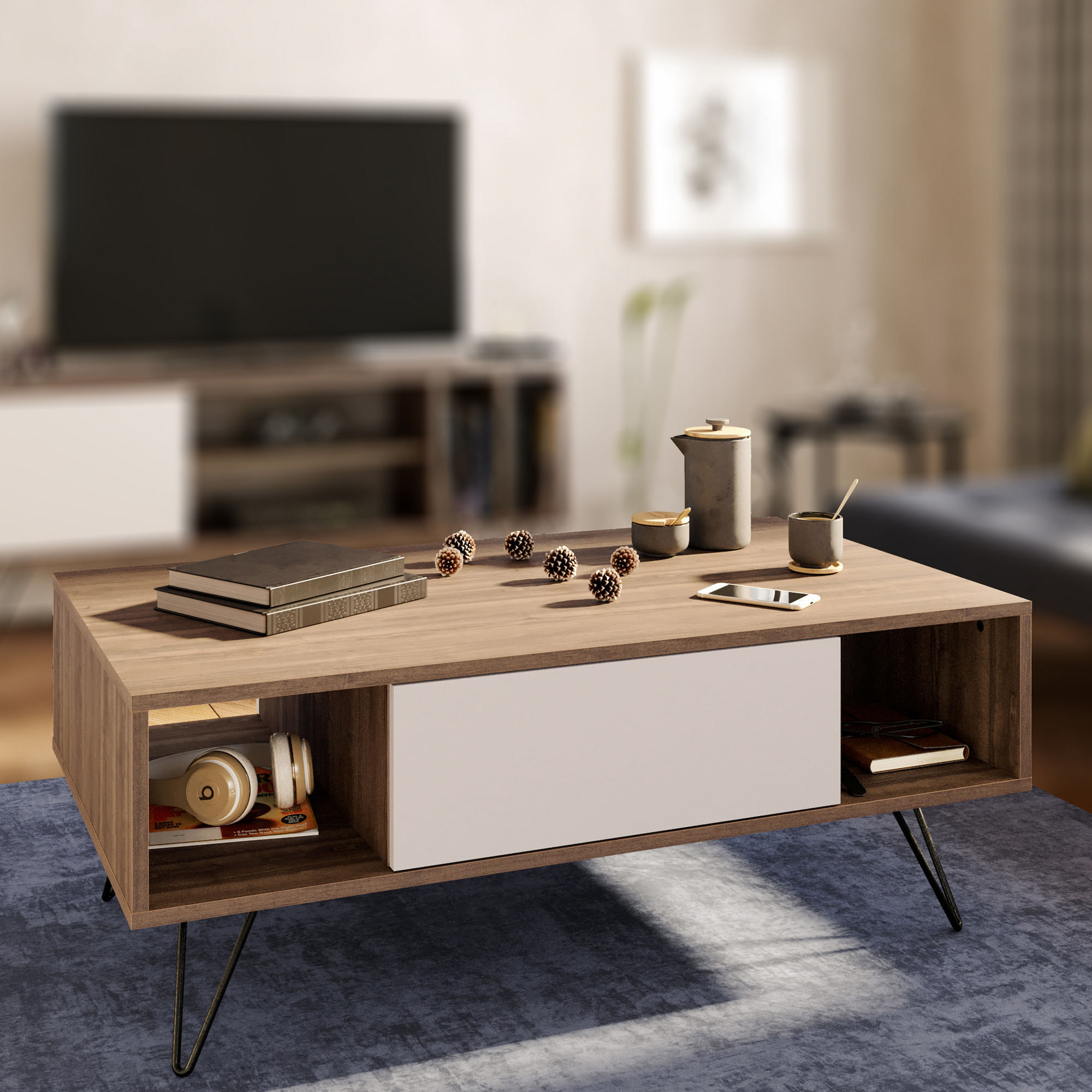 Masuta de cafea, Hanah Home, pal melaminat, nuc si alb, 120x60x45.6 cm — imaginea 5