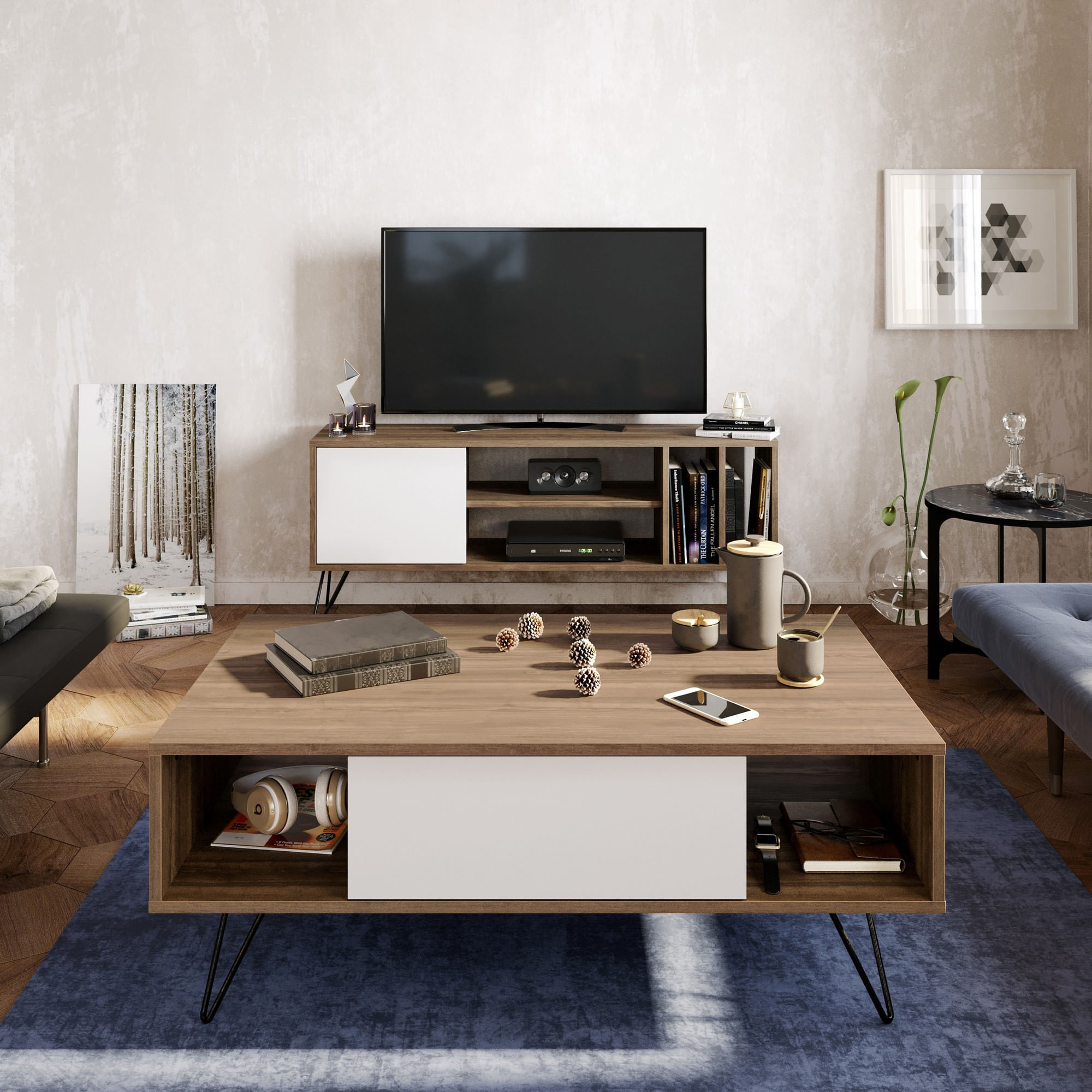Masuta de cafea, Hanah Home, pal melaminat, nuc si alb, 120x60x45.6 cm — imaginea 6