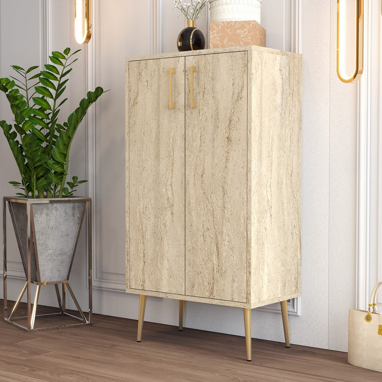 Dulap pantofi, Hanah Home, pal melaminat, travertin, 60x35x111 cm