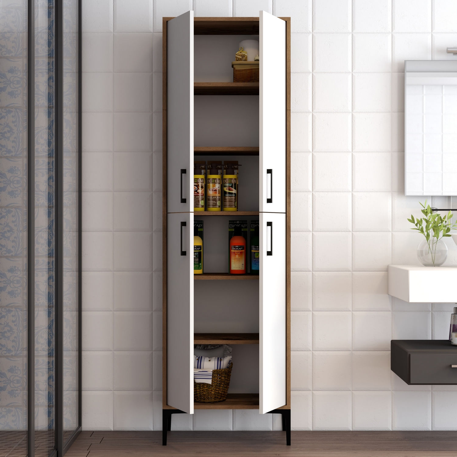 Dulap multifunctional, Hanah Home, pal melaminat, nuc, alb, 60x35x200 cm — imaginea 2