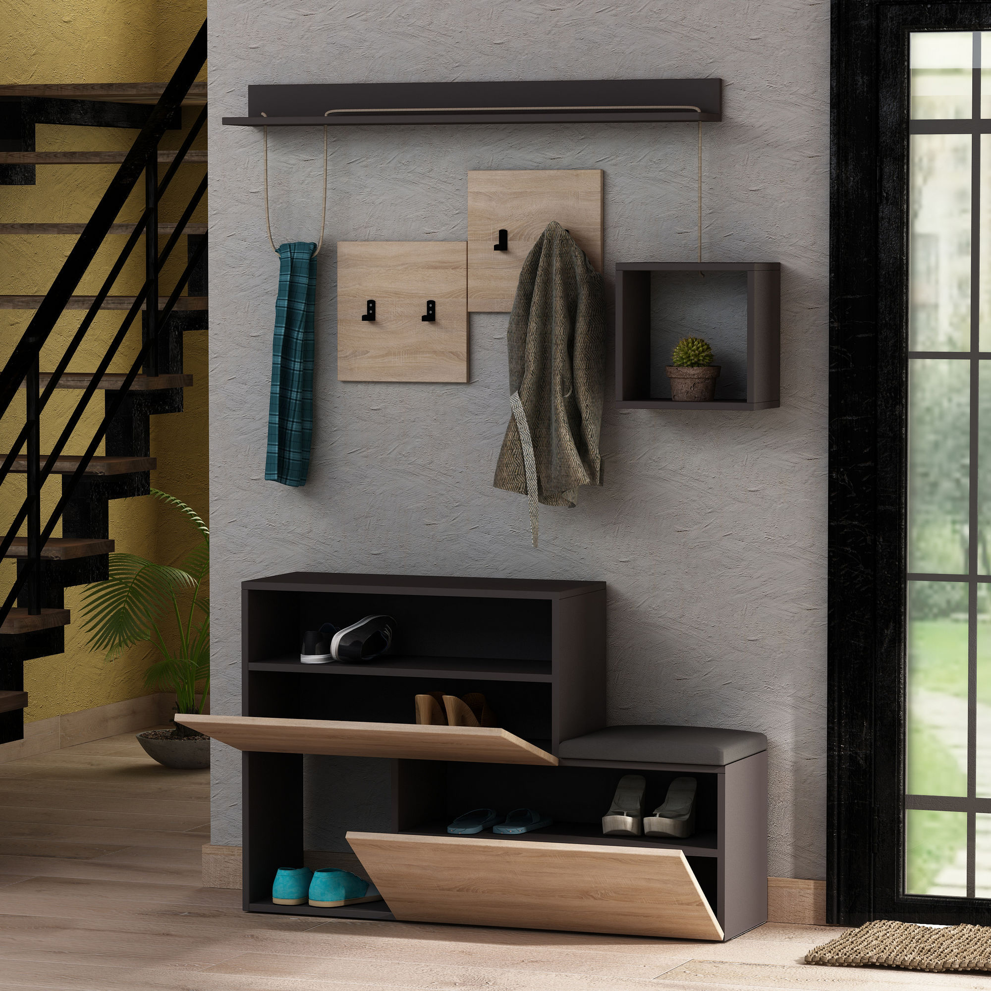 Cuier, Hanah Home, pal melaminat, antracit si stejar sonoma, 120x78x40 cm — imaginea 2