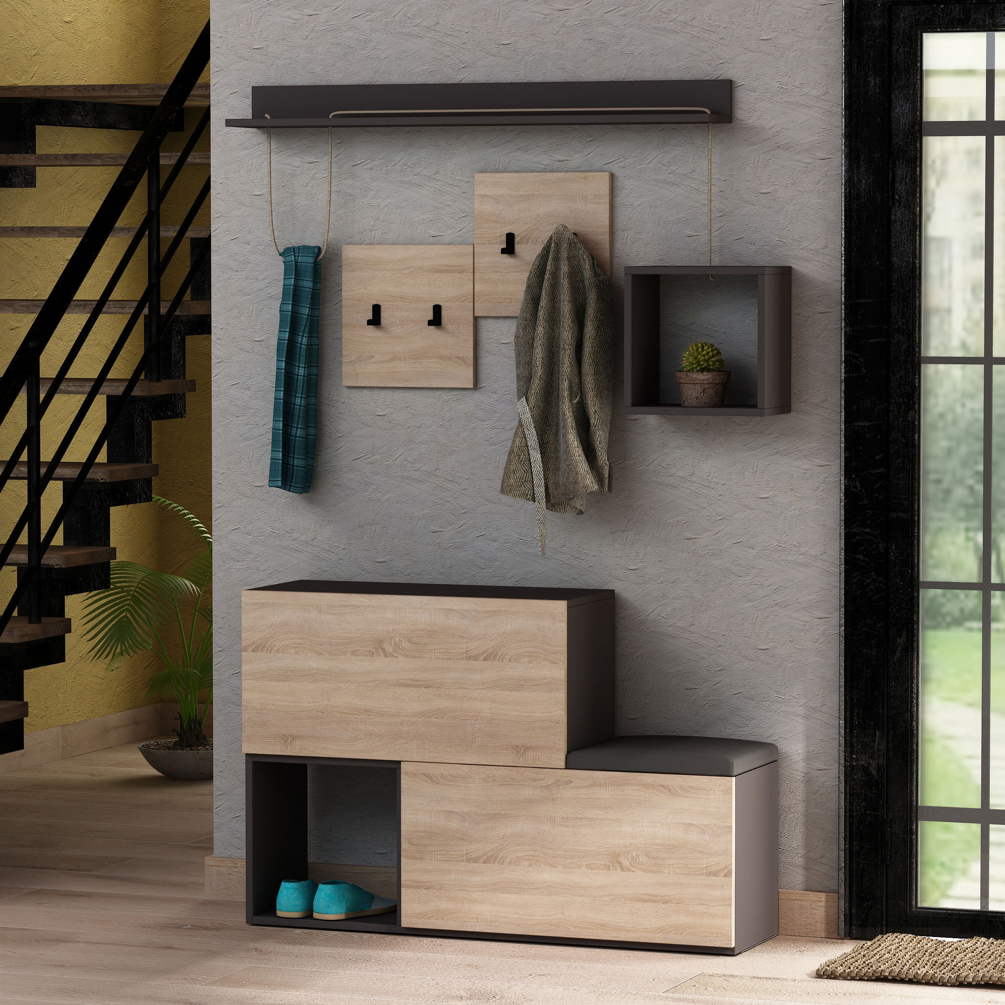 Cuier, Hanah Home, pal melaminat, antracit si stejar sonoma, 120x78x40 cm — imaginea 3
