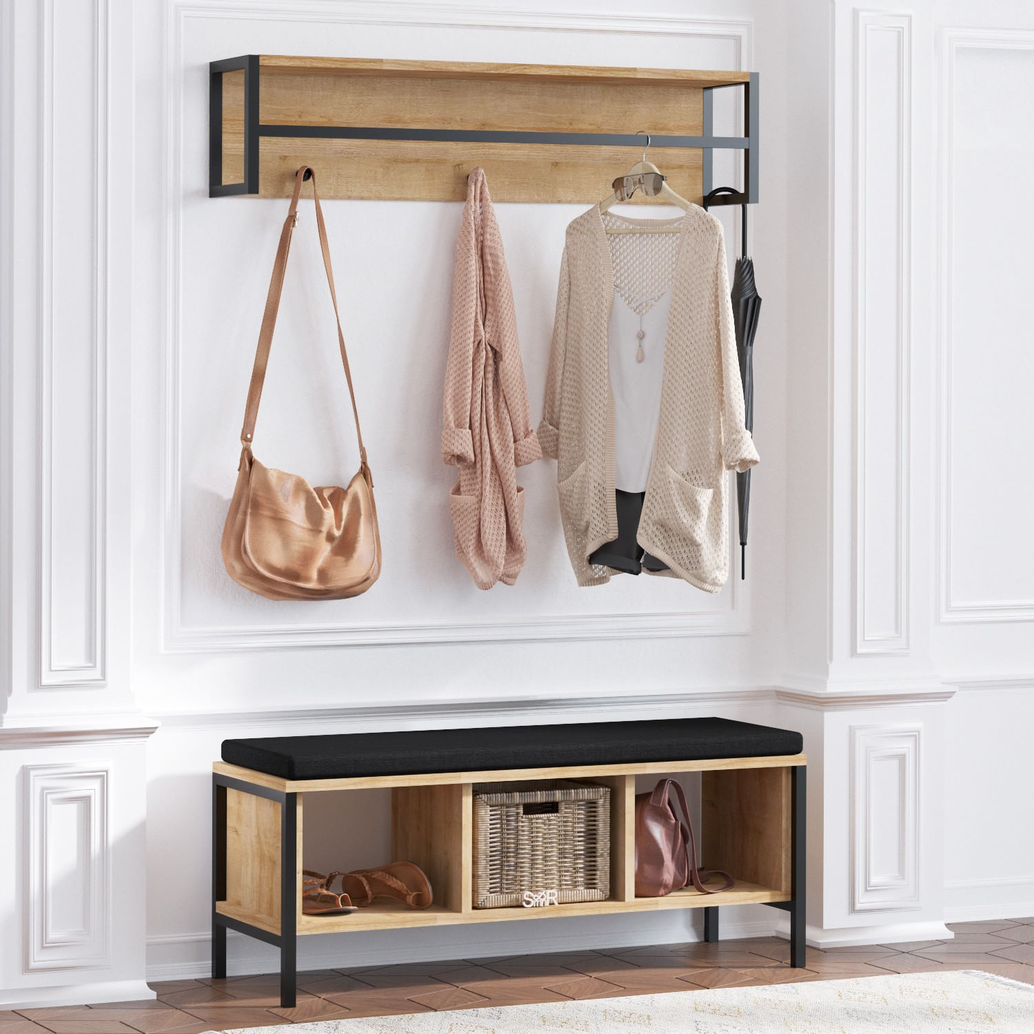 Cuier, Hanah Home, pal melaminat, stejar si negru, 100x43x35 cm — imaginea 2