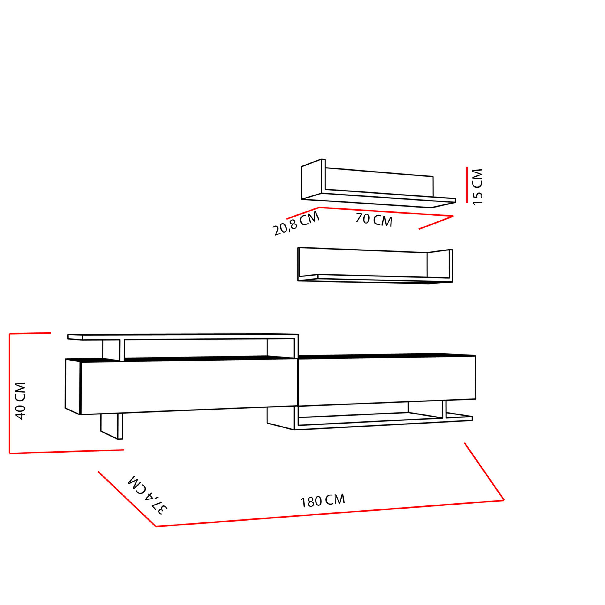 Corp tv, Hanah Home, pal melaminat, alb si tec, 180x40x37.4 cm — imaginea 2