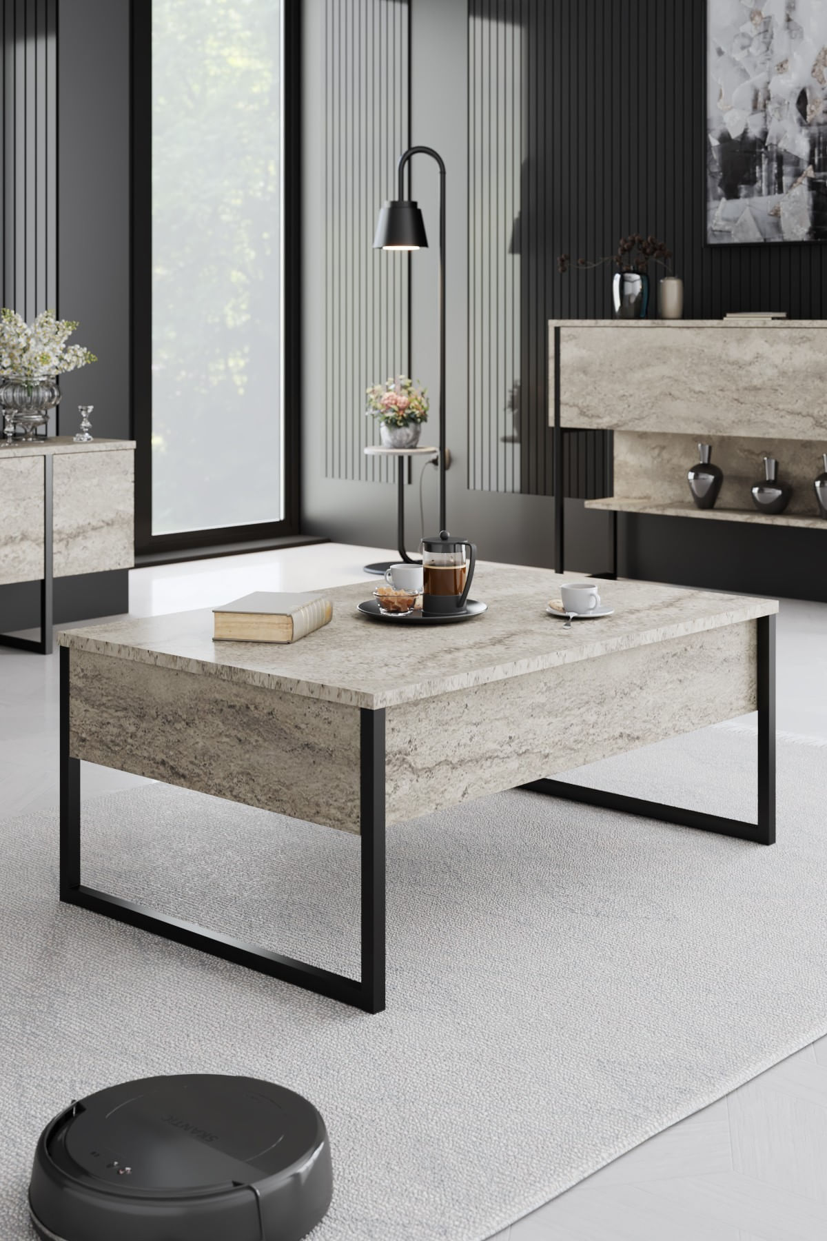 Masa de cafea, Hanah Home, pal melaminat, travertin si negru, 90x60x40 cm — imaginea 3
