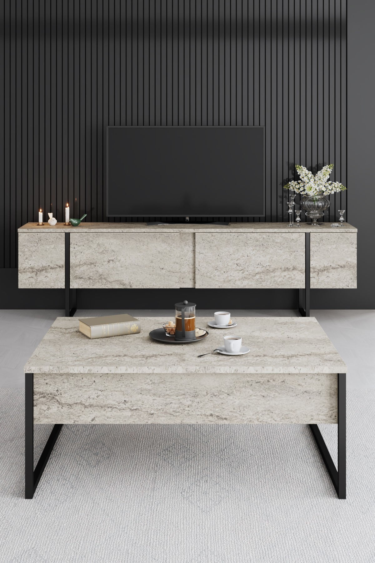 Masa de cafea, Hanah Home, pal melaminat, travertin si negru, 90x60x40 cm — imaginea 5