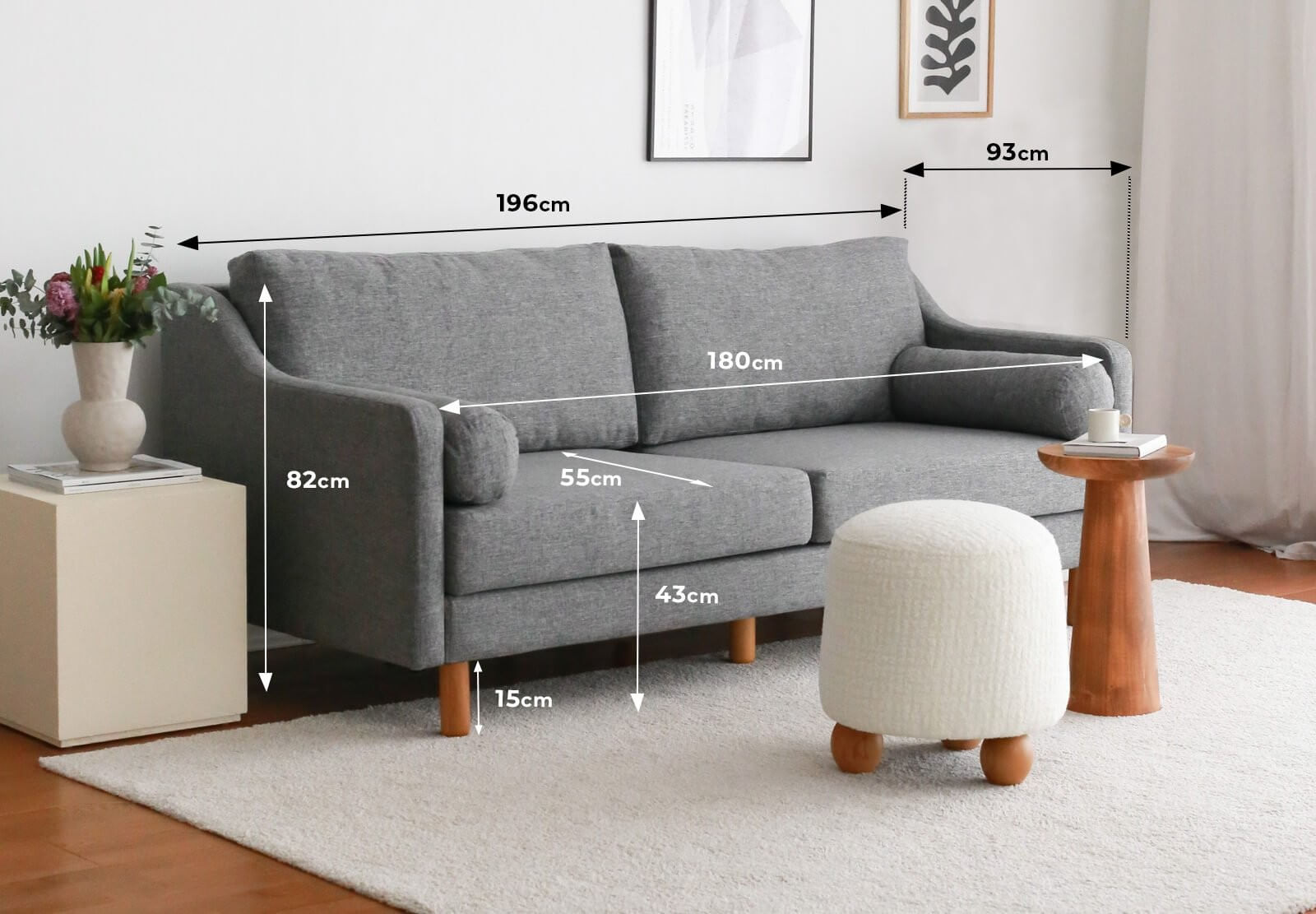 Canapea 3 locuri, Atelier Del Sofa, lemn de carpen, in, gri, 196x93x82 cm — imaginea 6