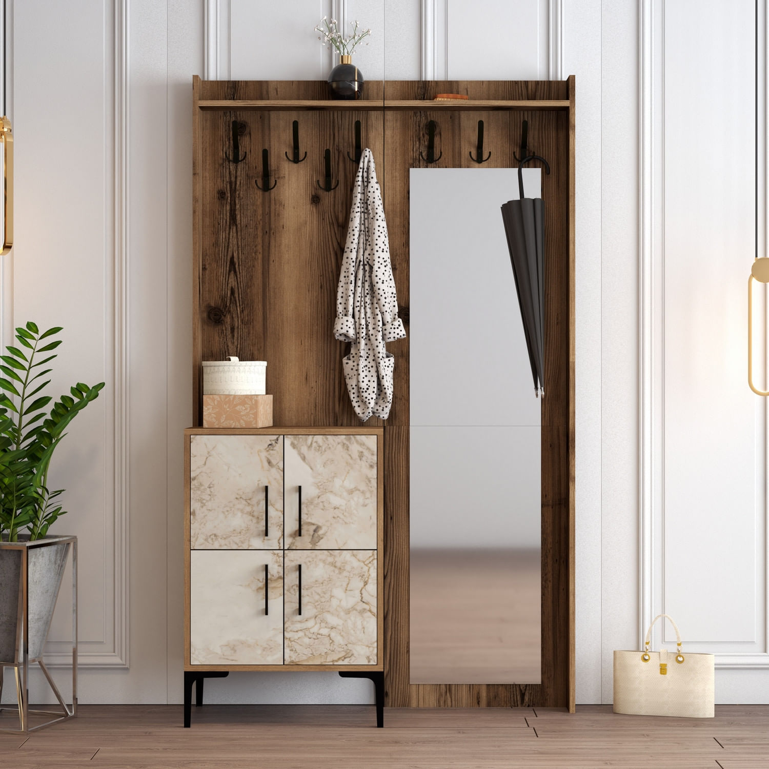 Cuier, Hanah Home, panou din particule melaminat, nuc si alb, 120x35x200 cm — imaginea 4