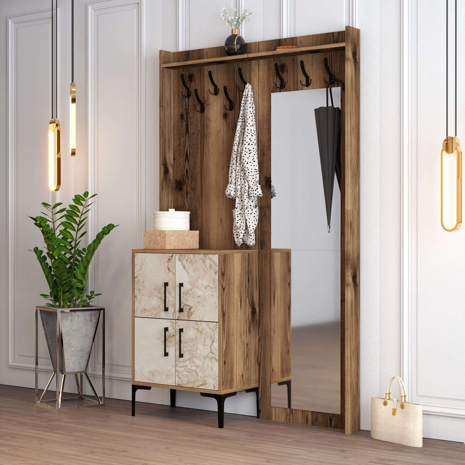 Cuier, Hanah Home, panou din particule melaminat, nuc si alb, 120x35x200 cm — imaginea 5