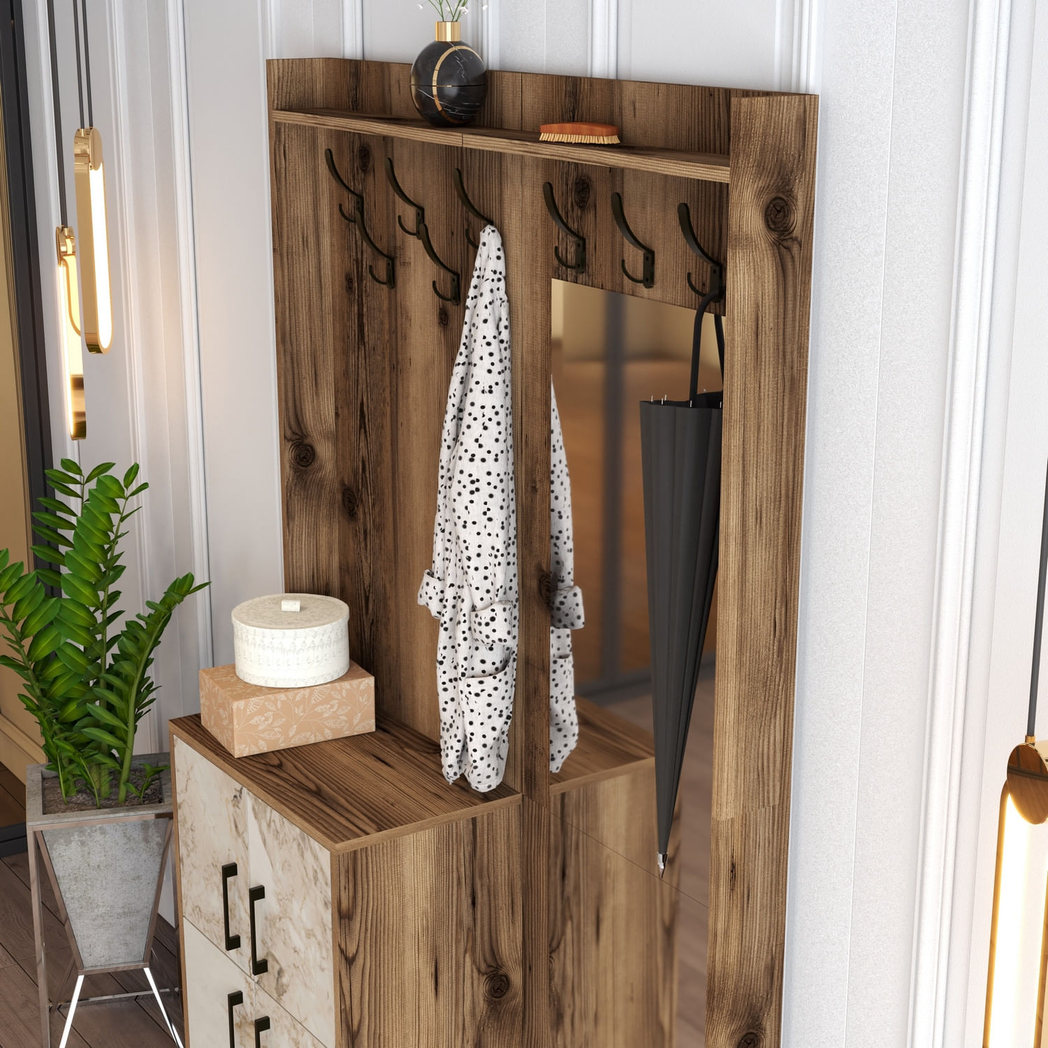 Cuier, Hanah Home, panou din particule melaminat, nuc si alb, 120x35x200 cm — imaginea 6