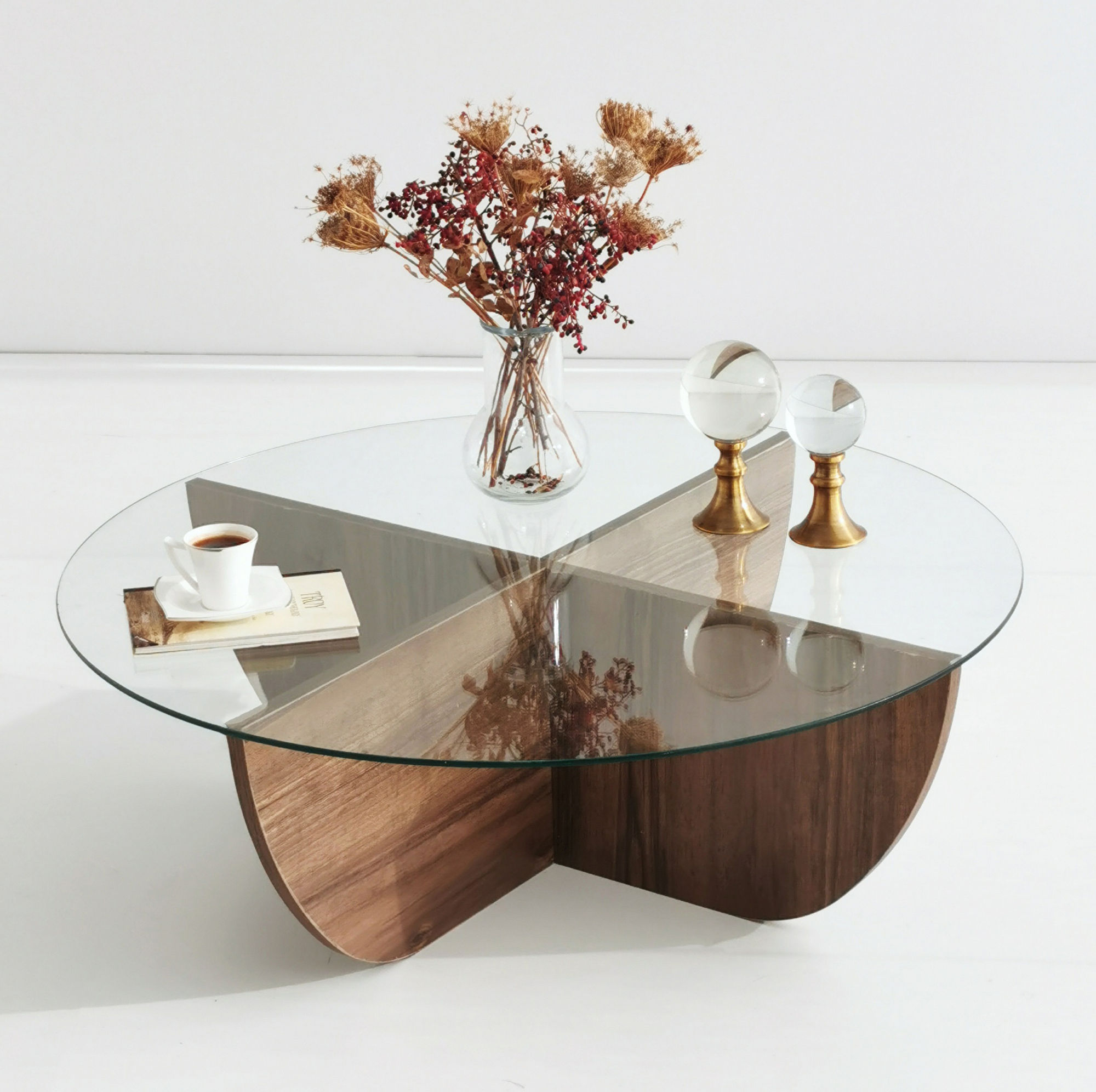 Masuta de cafea, Hanah Home, sticla securizata si pal melaminat, nuc, 90x90x30 cm — imaginea 3