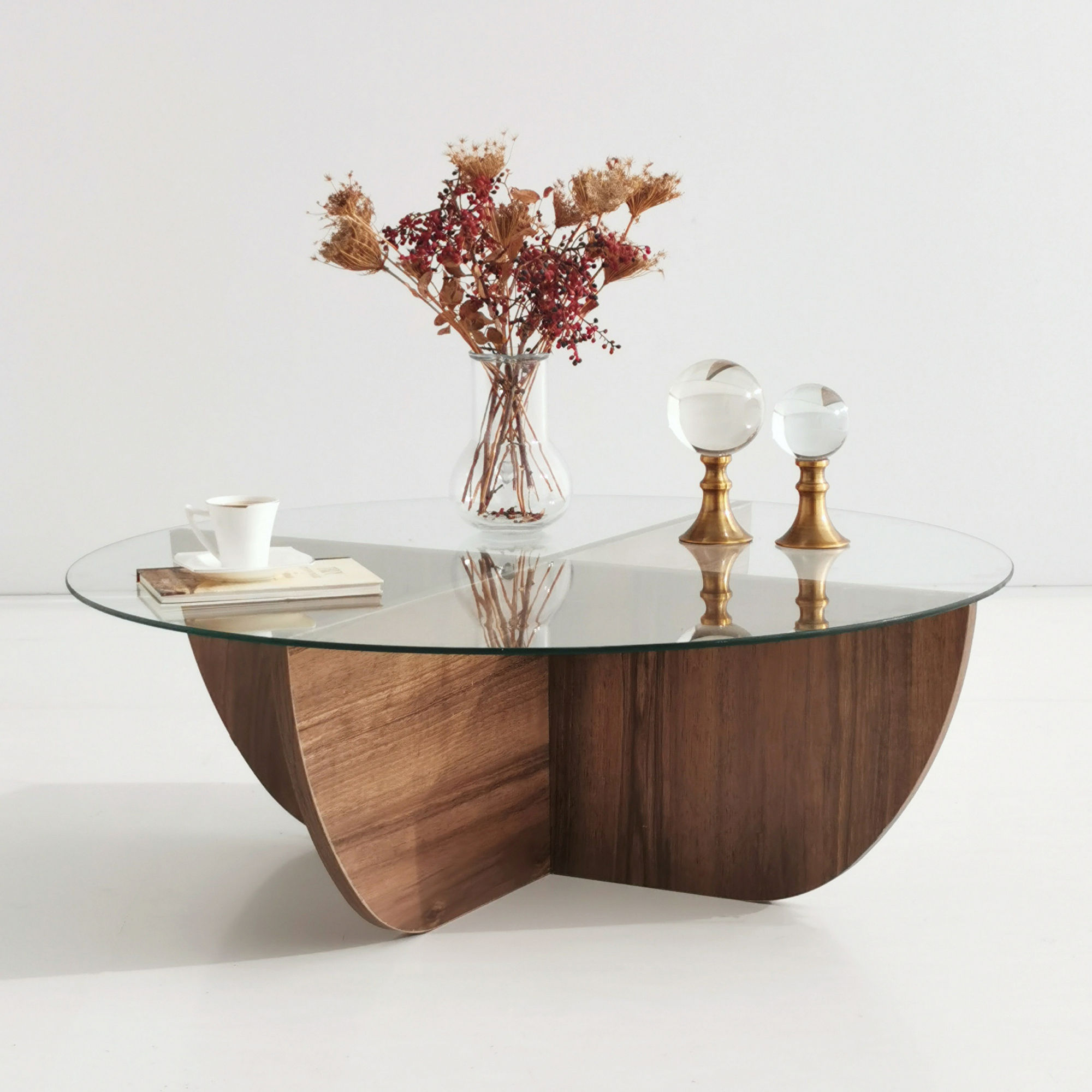 Masuta de cafea, Hanah Home, sticla securizata si pal melaminat, nuc, 90x90x30 cm — imaginea 6