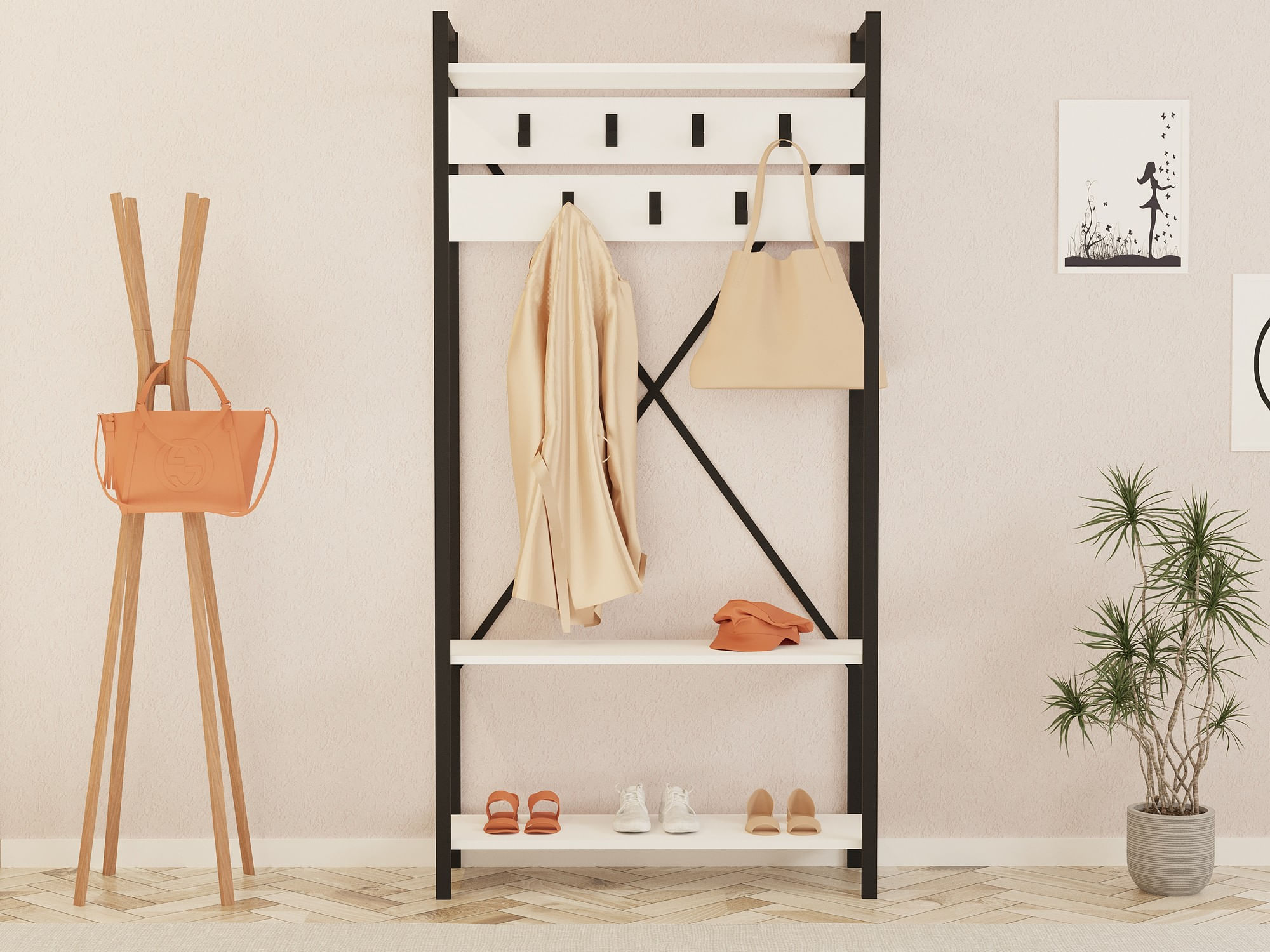 Cuier, Hanah Home, pal melaminat, alb gri, 90x34x180 cm — imaginea 3