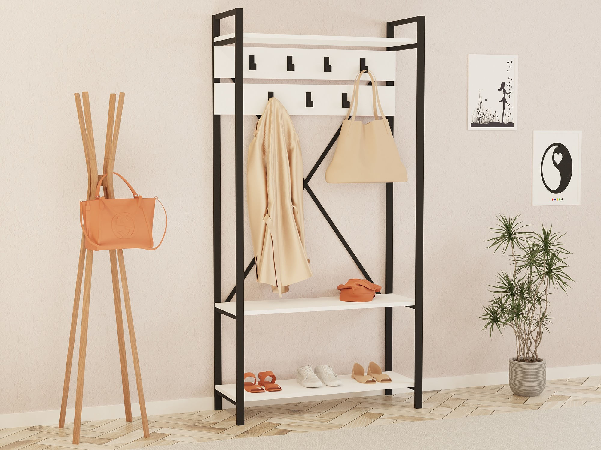 Cuier, Hanah Home, pal melaminat, alb gri, 90x34x180 cm — imaginea 5