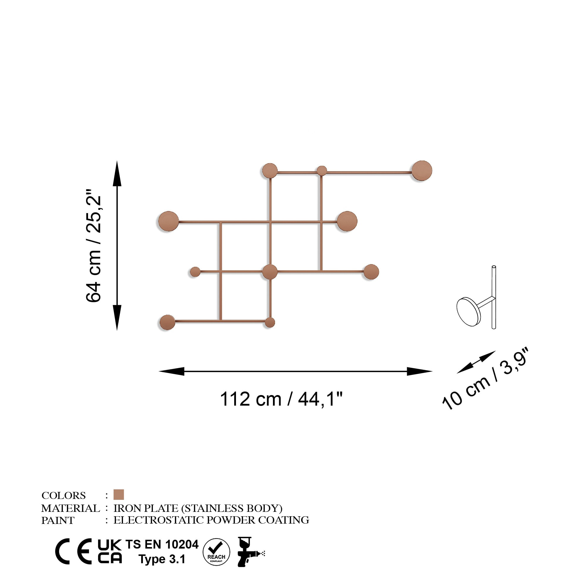 Cuiere de perete, Wallxpert, metal, cupru, 112x64x10 cm — imaginea 5