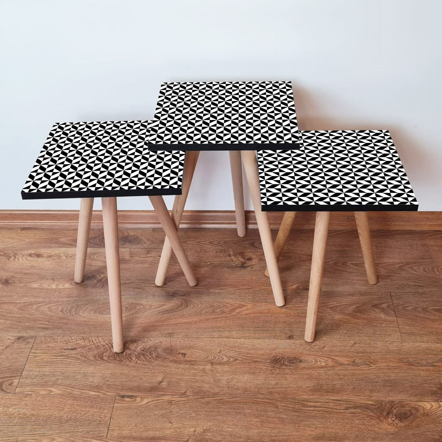 Set masute de cafea, Hanah Home, mdf, alb negru, picioare lemn fag, 3 piese, 481LNA3108