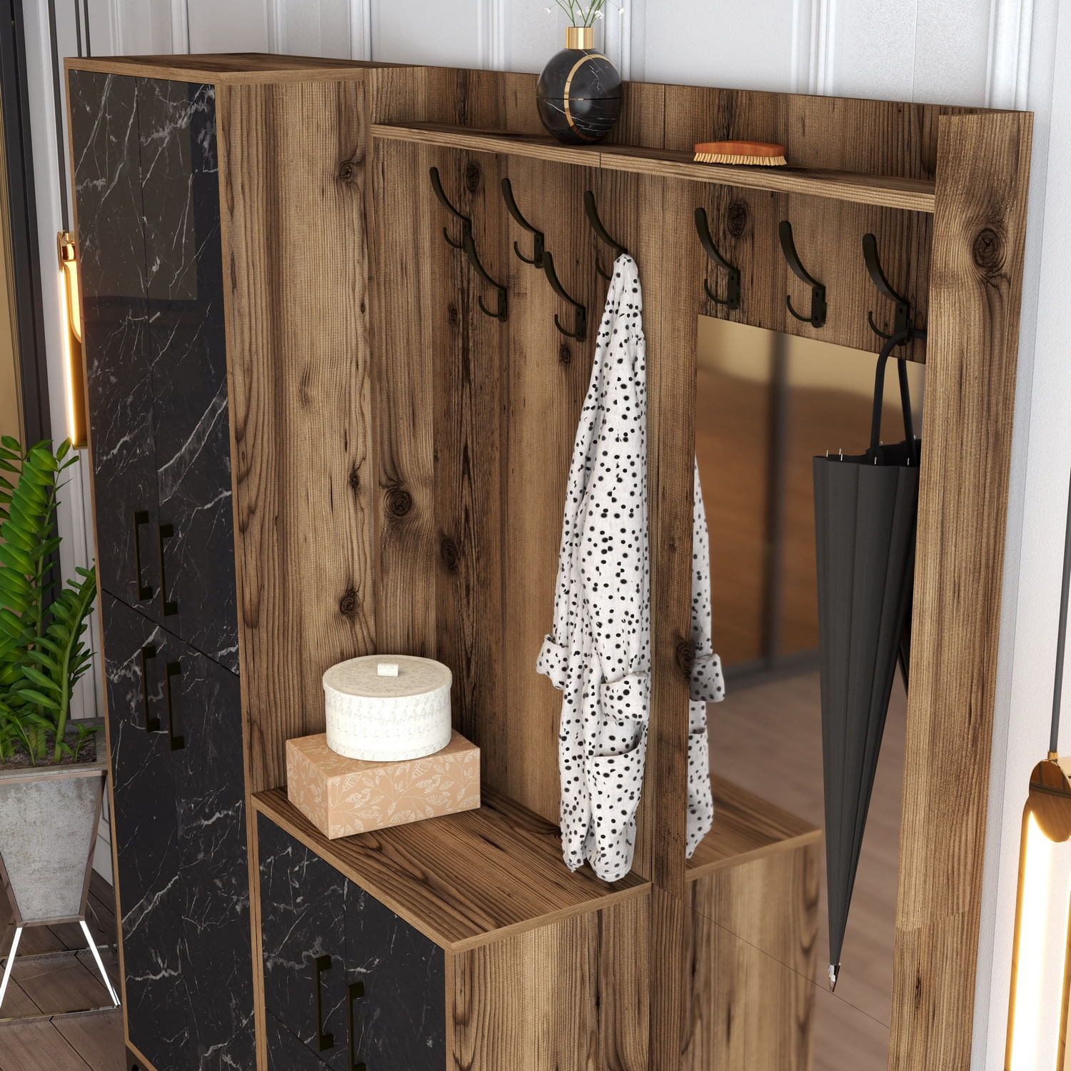 Cuier, Hanah Home, pal melaminat, nuc si negru, 180x35x200 cm — imaginea 5