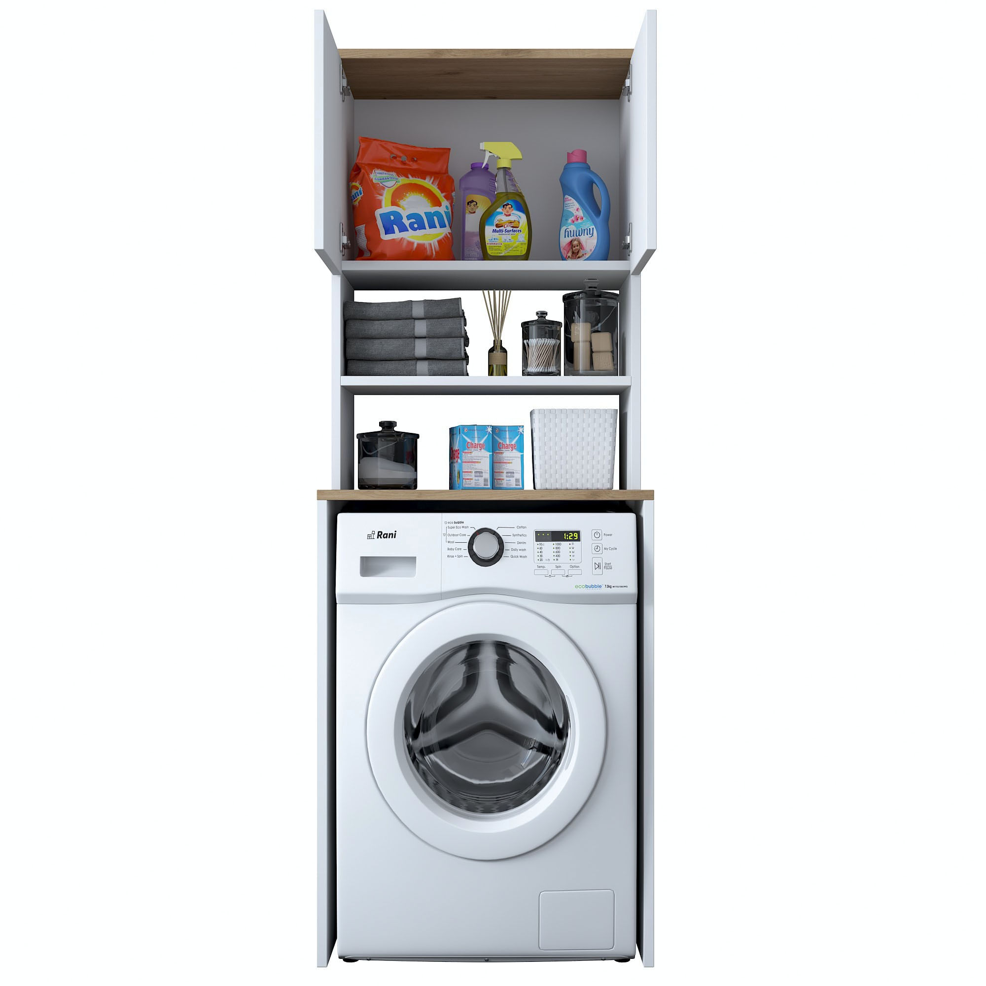 Dulap pentru masina de spalat, Hanah Home, pal melaminat, alb si nuc, 65x60x183.6 cm - imagine 5