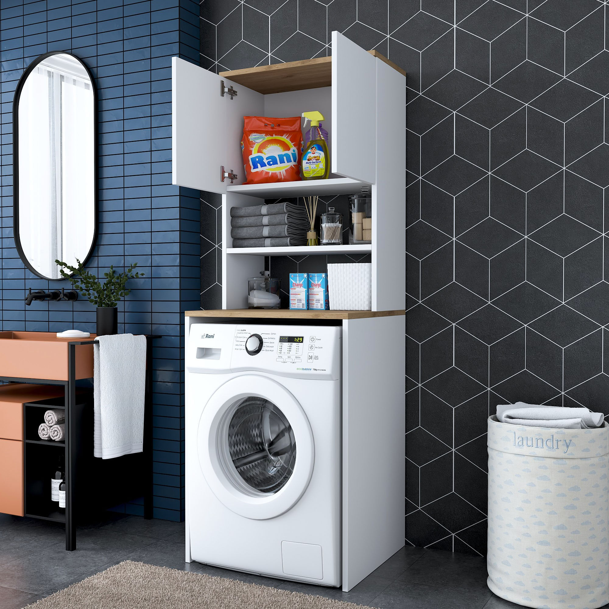 Dulap pentru masina de spalat, Hanah Home, pal melaminat, alb si nuc, 65x60x183.6 cm - imagine 6