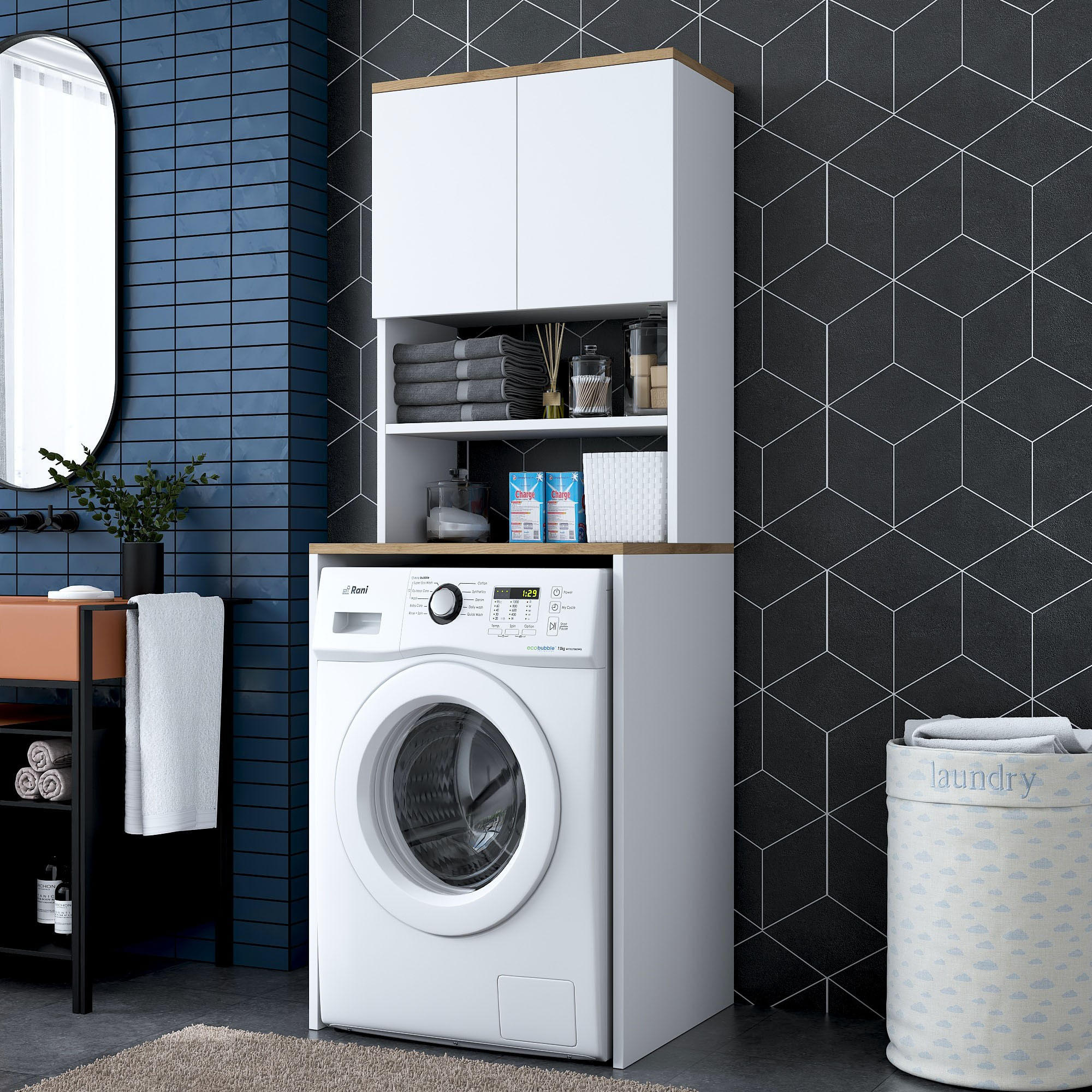 Dulap pentru masina de spalat, Hanah Home, pal melaminat, alb si nuc, 65x60x183.6 cm - imagine 7