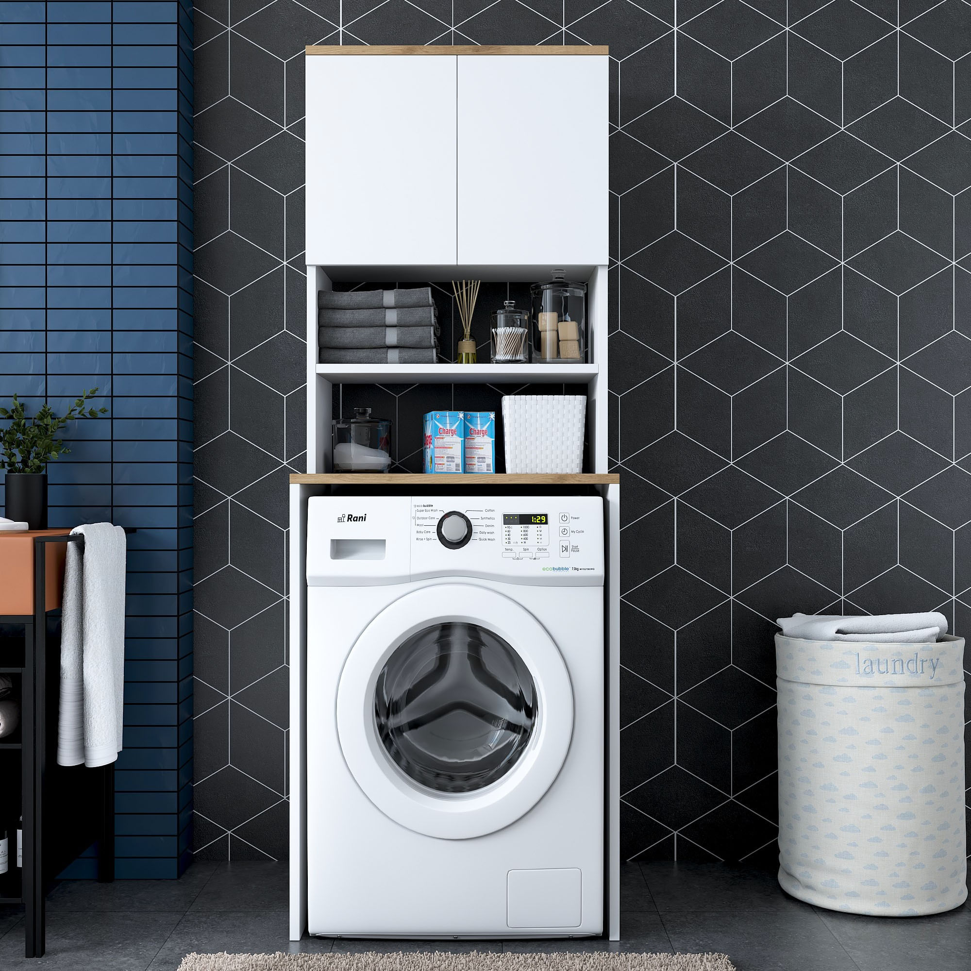 Dulap pentru masina de spalat, Hanah Home, pal melaminat, alb si nuc, 65x60x183.6 cm - imagine 8
