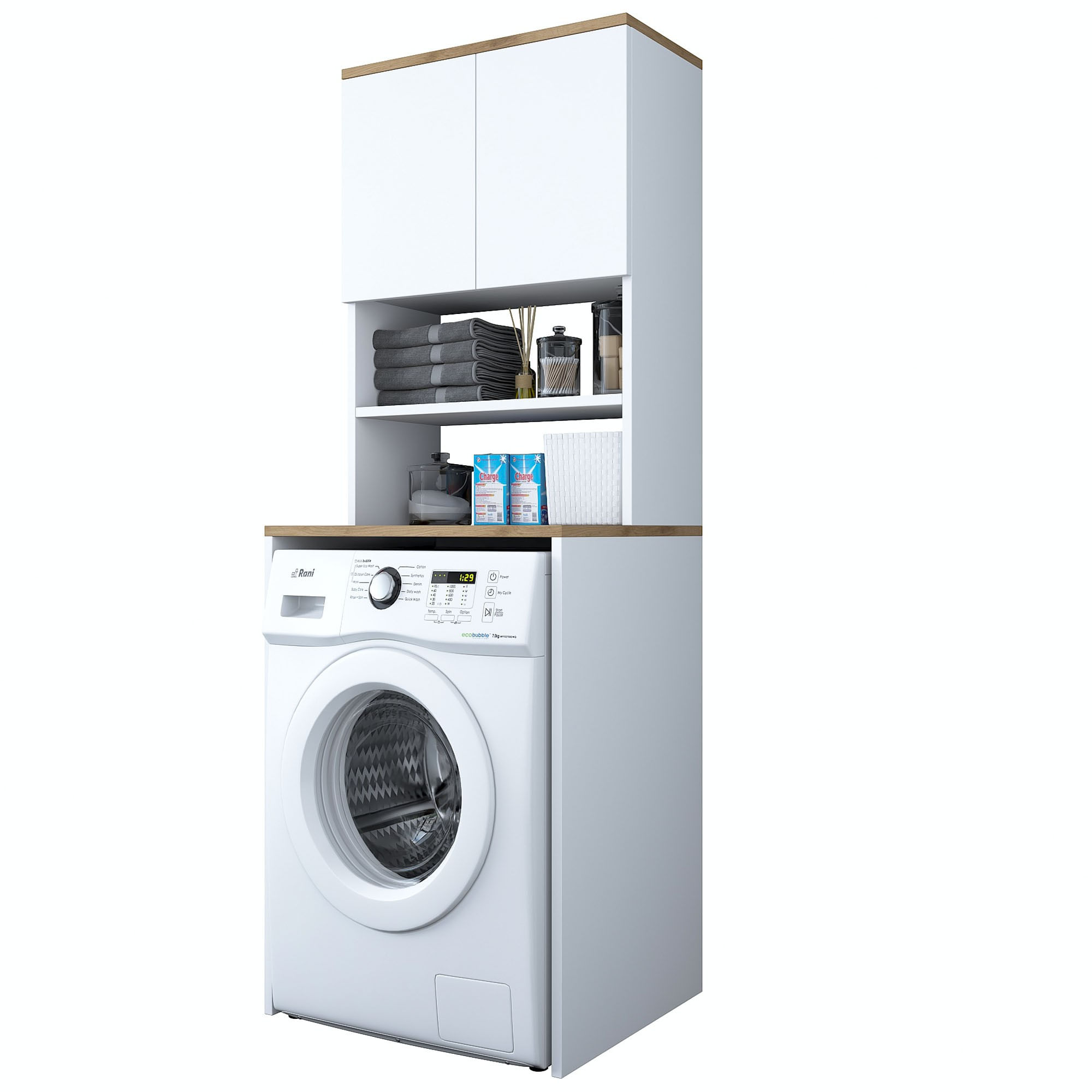 Dulap pentru masina de spalat, Hanah Home, pal melaminat, alb si nuc, 65x60x183.6 cm - imagine 9