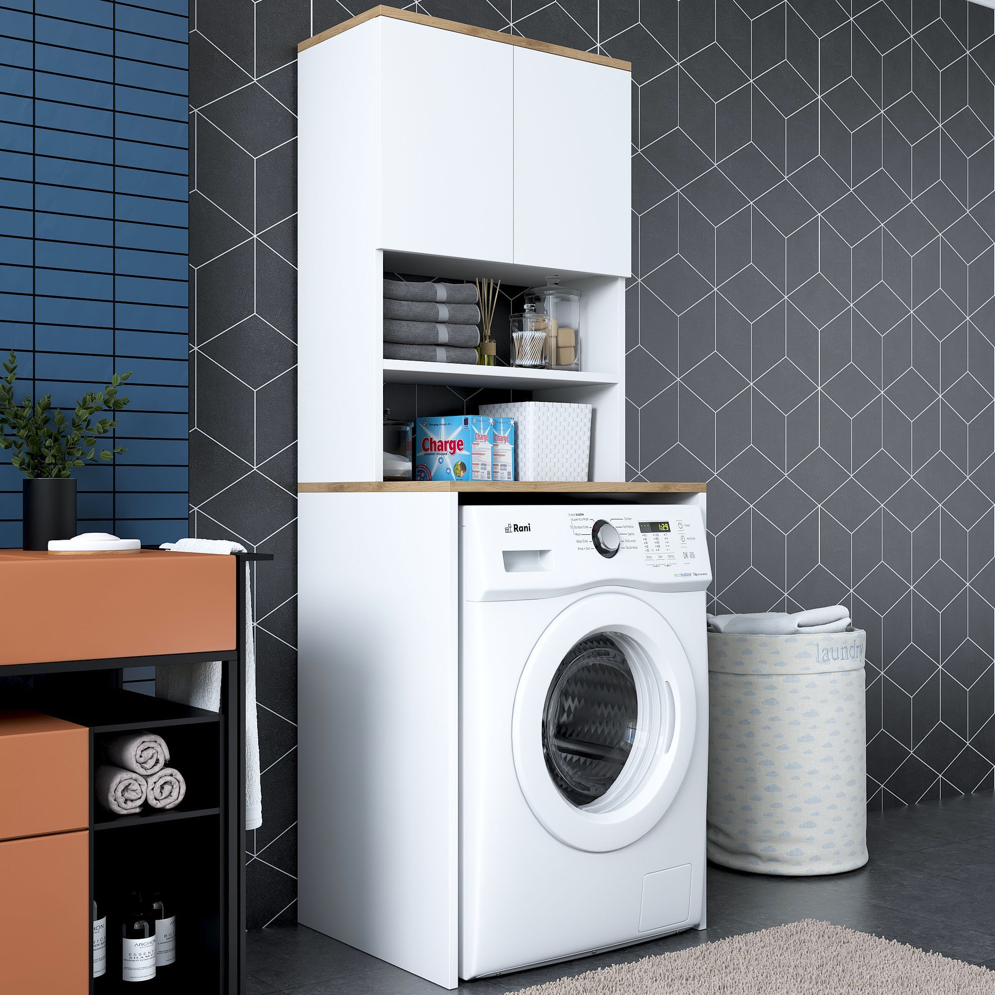 Dulap pentru masina de spalat, Hanah Home, pal melaminat, alb si nuc, 65x60x183.6 cm