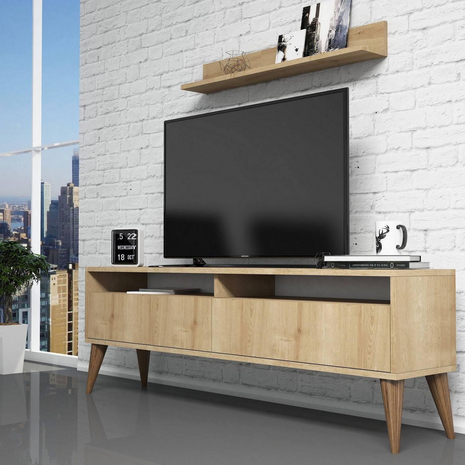 Comoda tv, Hanah Home, pal melaminat, stejar, 150x30x50 cm — imaginea 5