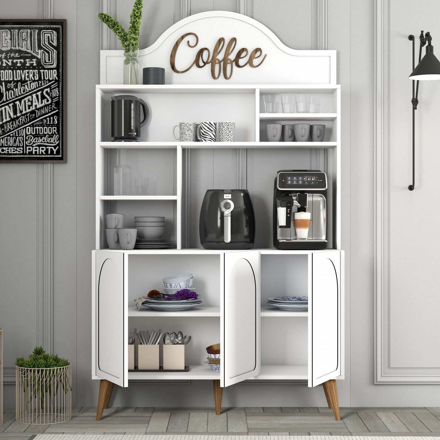 Dulap bar cafea, Hanah Home, pal melaminat, alb si nuc, 120x35x202 cm - imagine 3