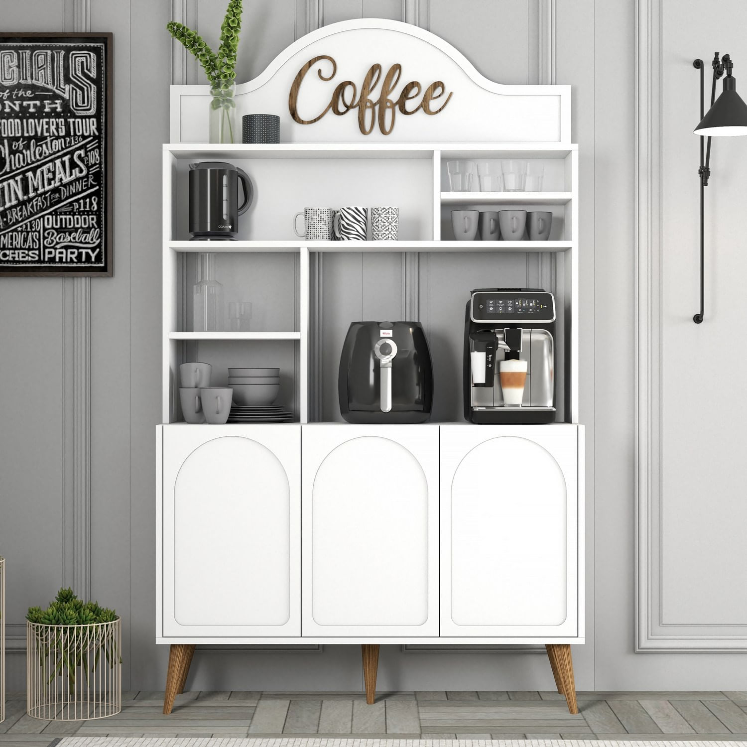 Dulap bar cafea, Hanah Home, pal melaminat, alb si nuc, 120x35x202 cm - imagine 5