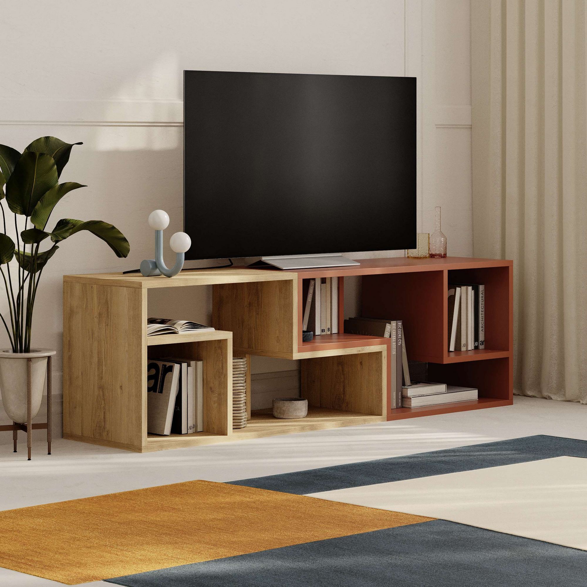 Comoda tv, Hanah Home, pal melaminat, stejar safir si scortisoara, 145x35x44.8 cm — imaginea 2